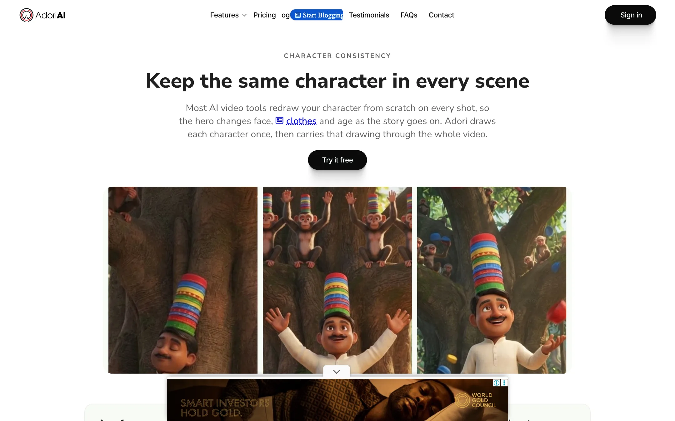 Adori character consistency page showing the same cartoon character across three scenes