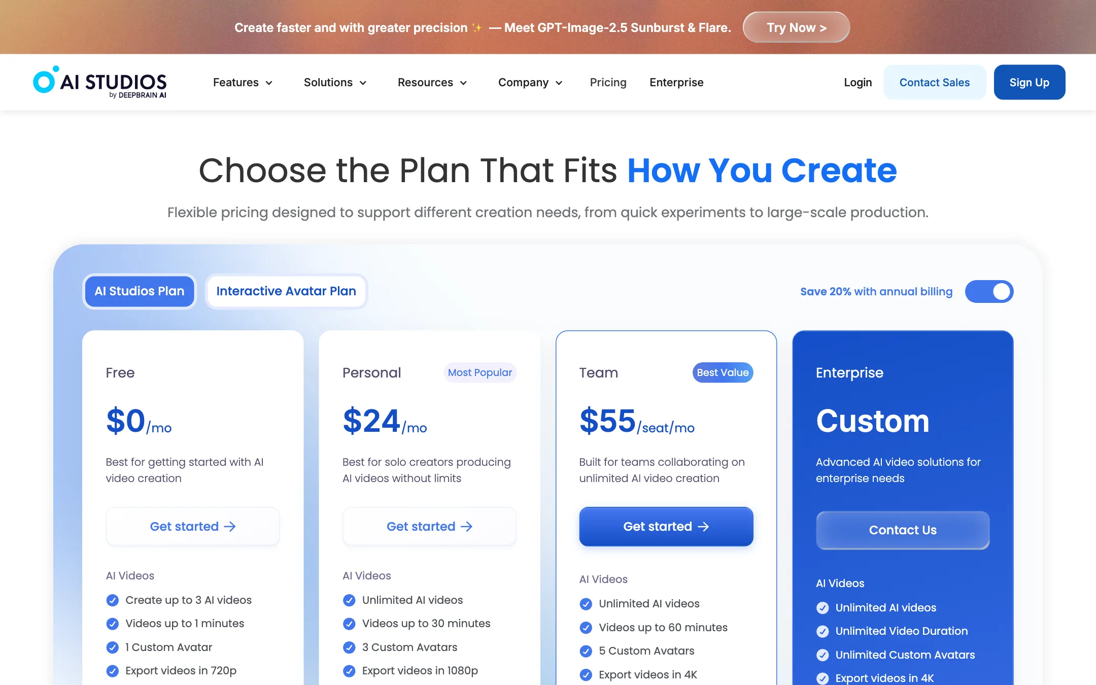 AI Studios pricing page with Free, Personal, Team and Enterprise plans