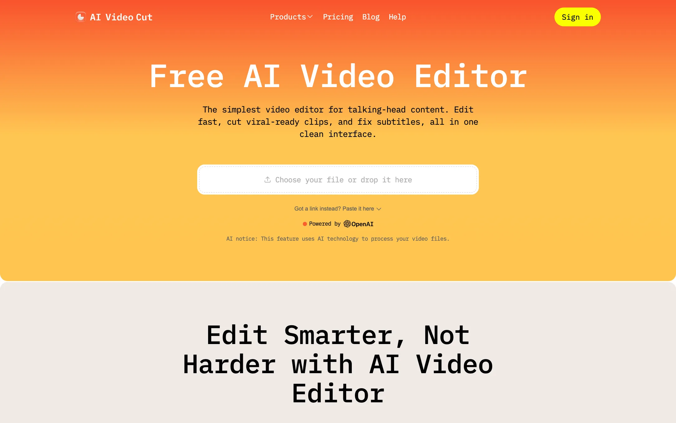 AI Video Cut AI Video Editor page for talking-head content