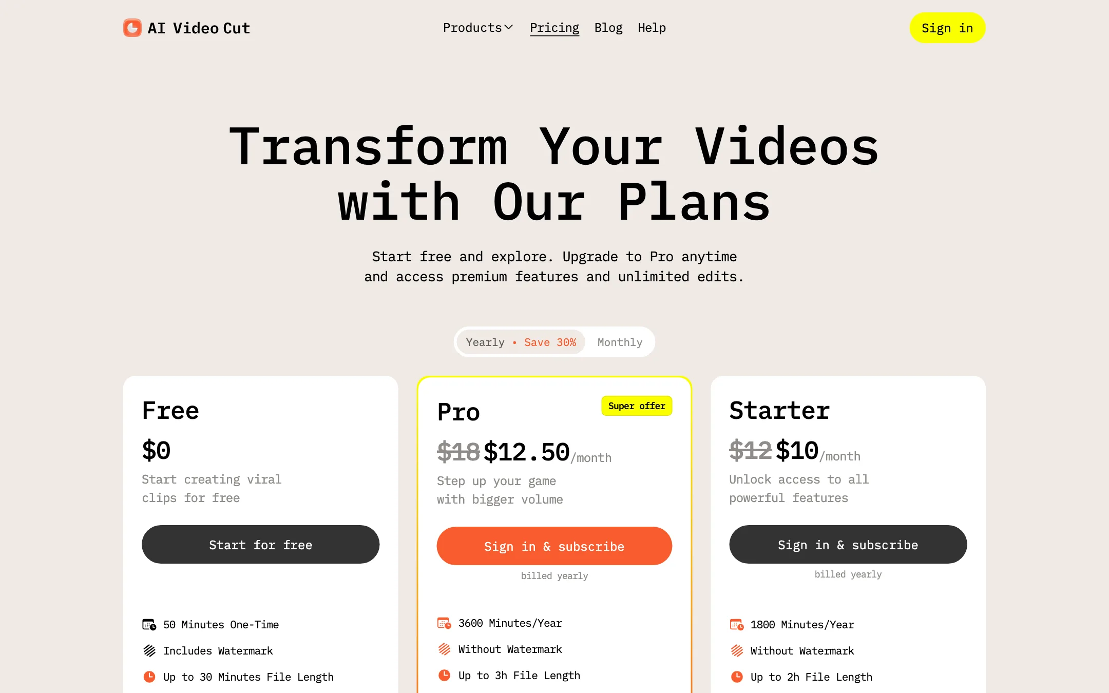 AI Video Cut pricing with Free, Pro and Starter plans