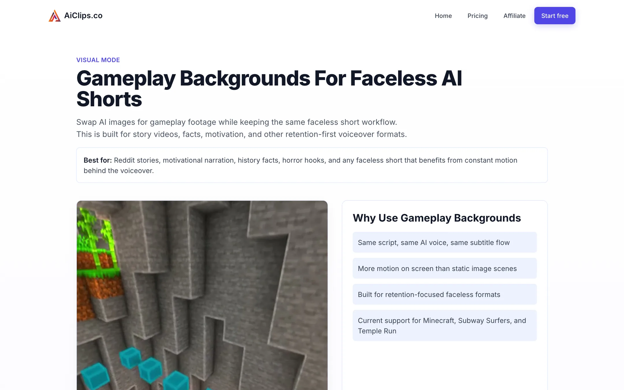AiClips gameplay backgrounds page with Minecraft footage
