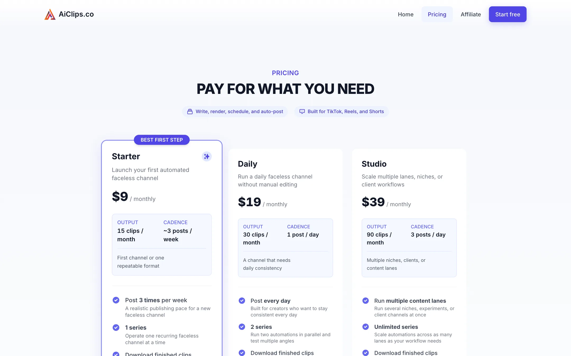 AiClips pricing cards for Starter at $9, Daily at $19 and Studio at $39