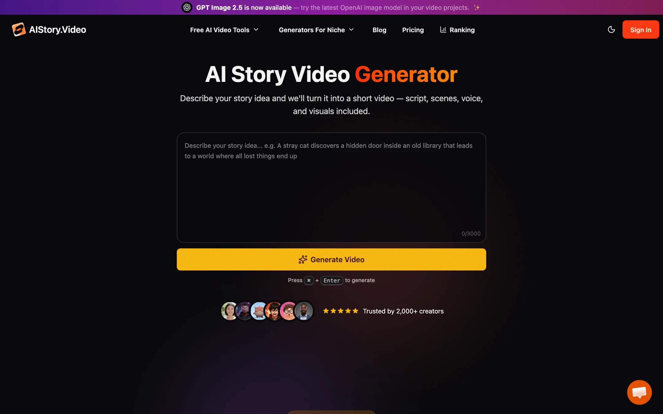 AI Story Video homepage with the story idea prompt box