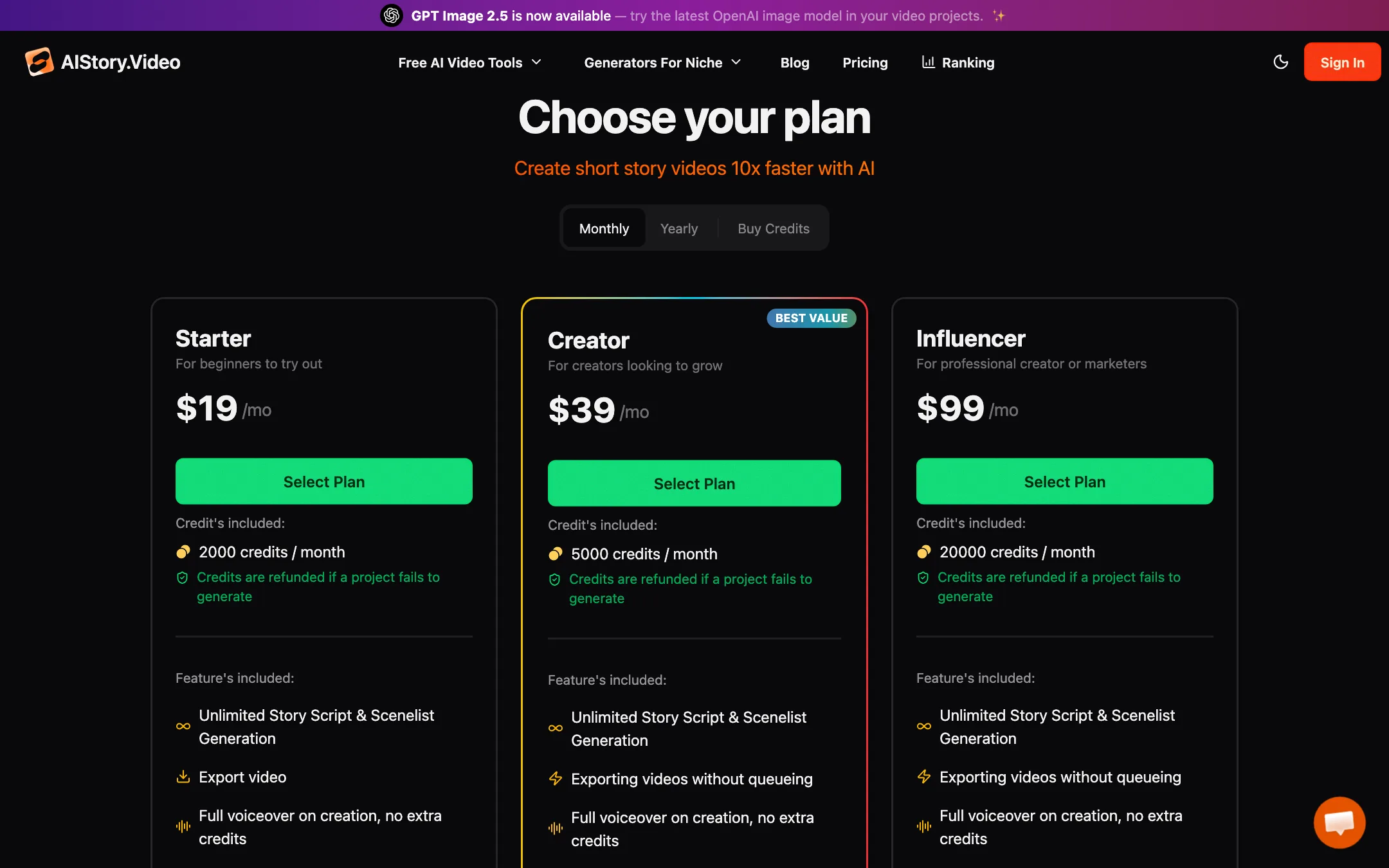 AI Story Video pricing with Starter, Creator and Influencer plans