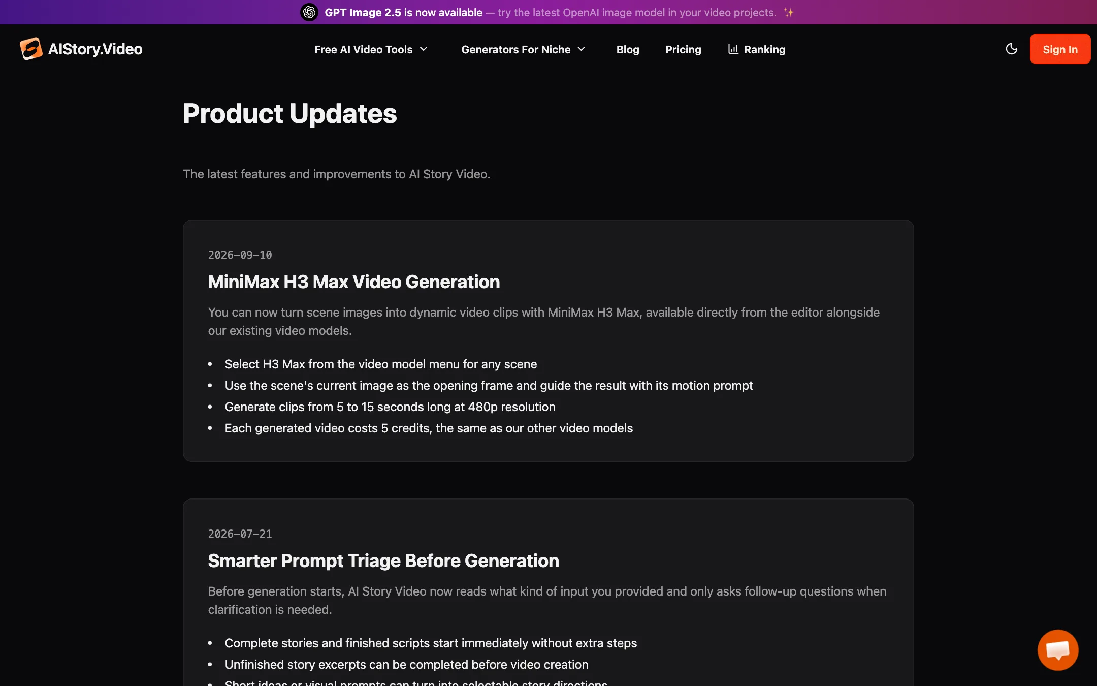 AI Story Video product updates page with recent releases