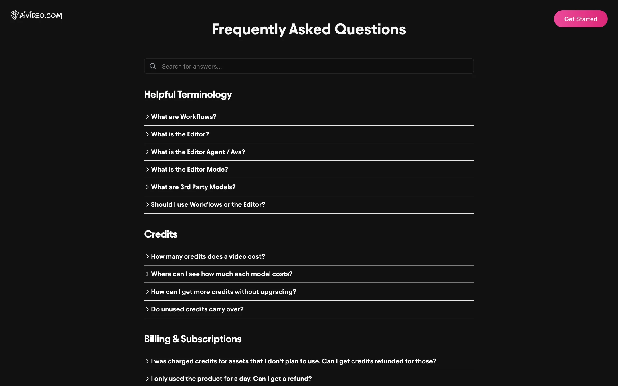 AIVideo.com FAQ page with terminology and credits sections