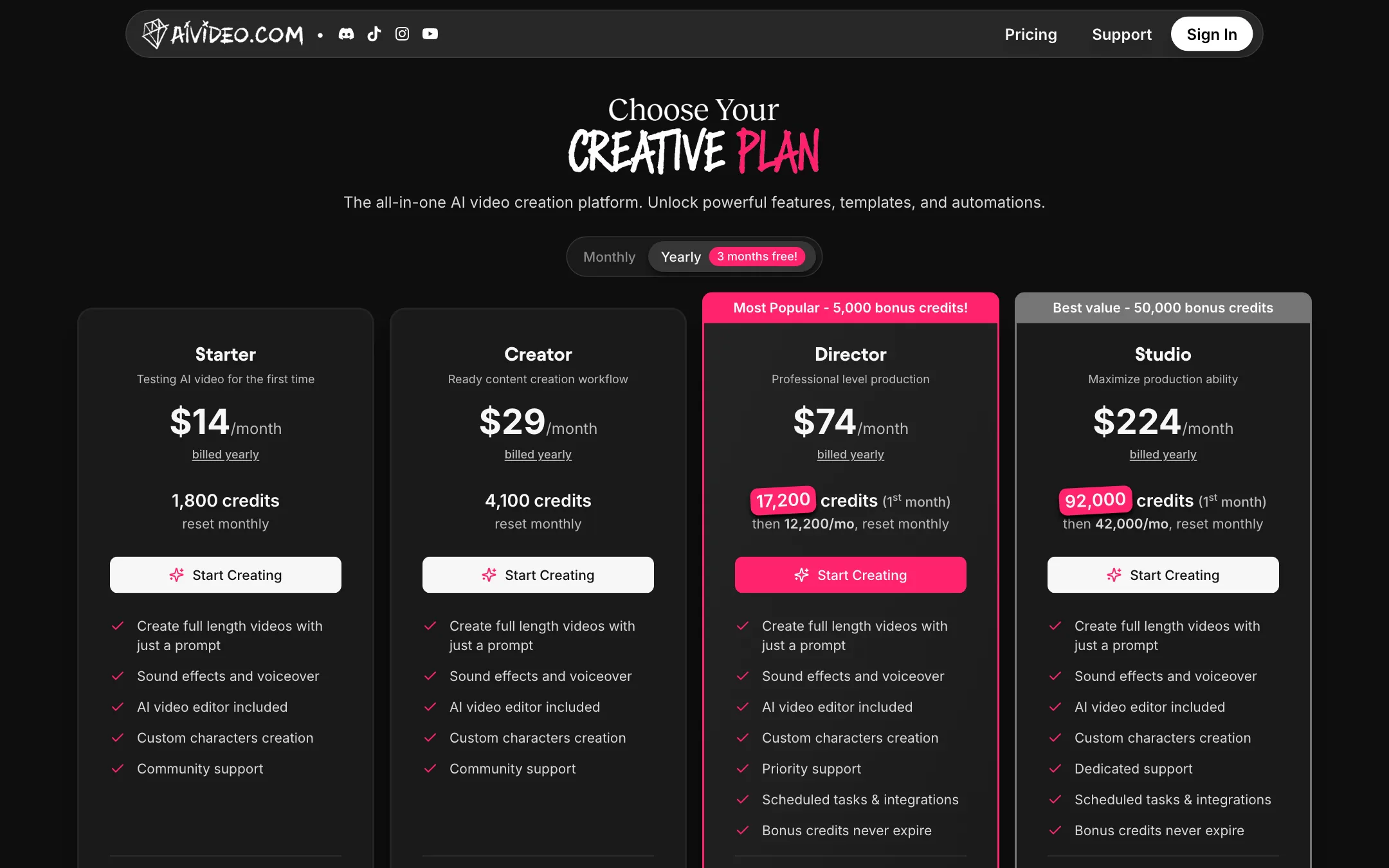 AIVideo.com pricing with Starter, Creator, Director and Studio plans billed yearly