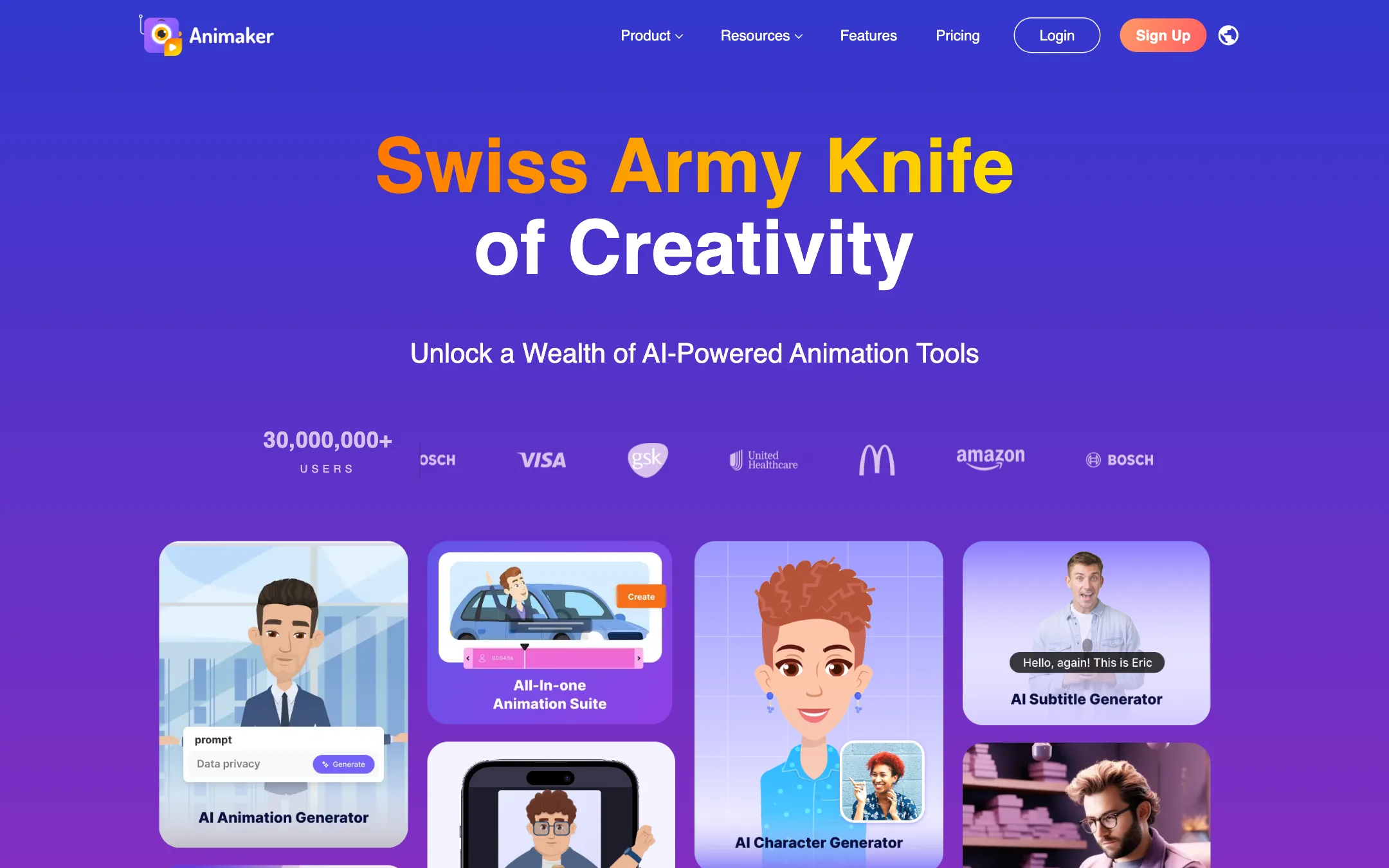 Animaker features page listing AI animation tools