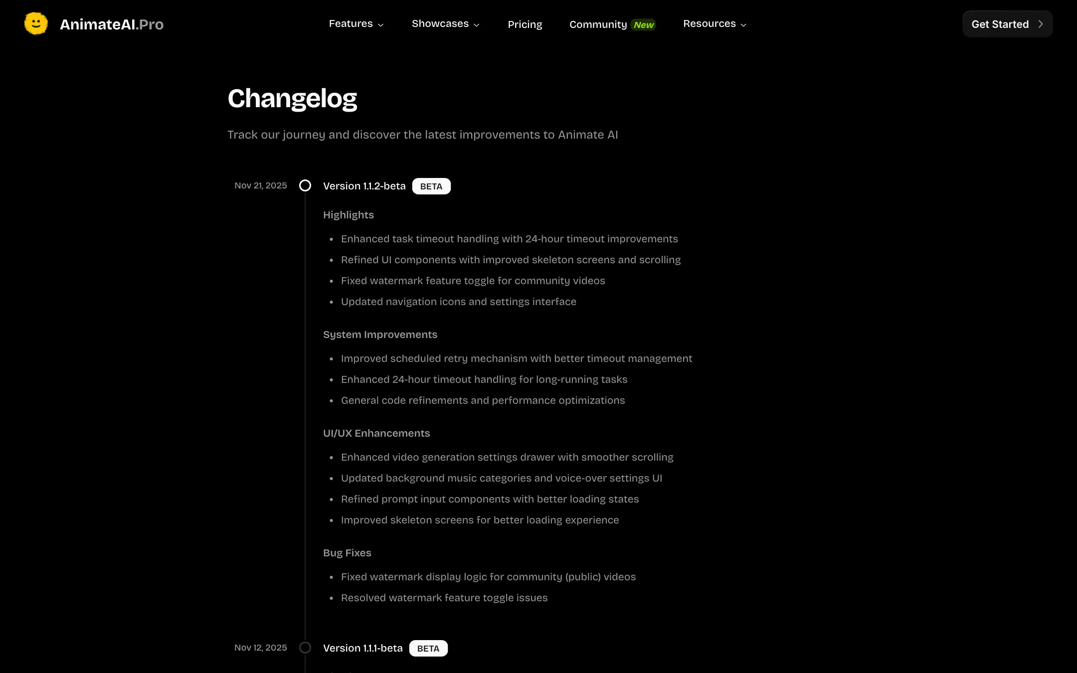 AnimateAI changelog listing beta releases and model updates
