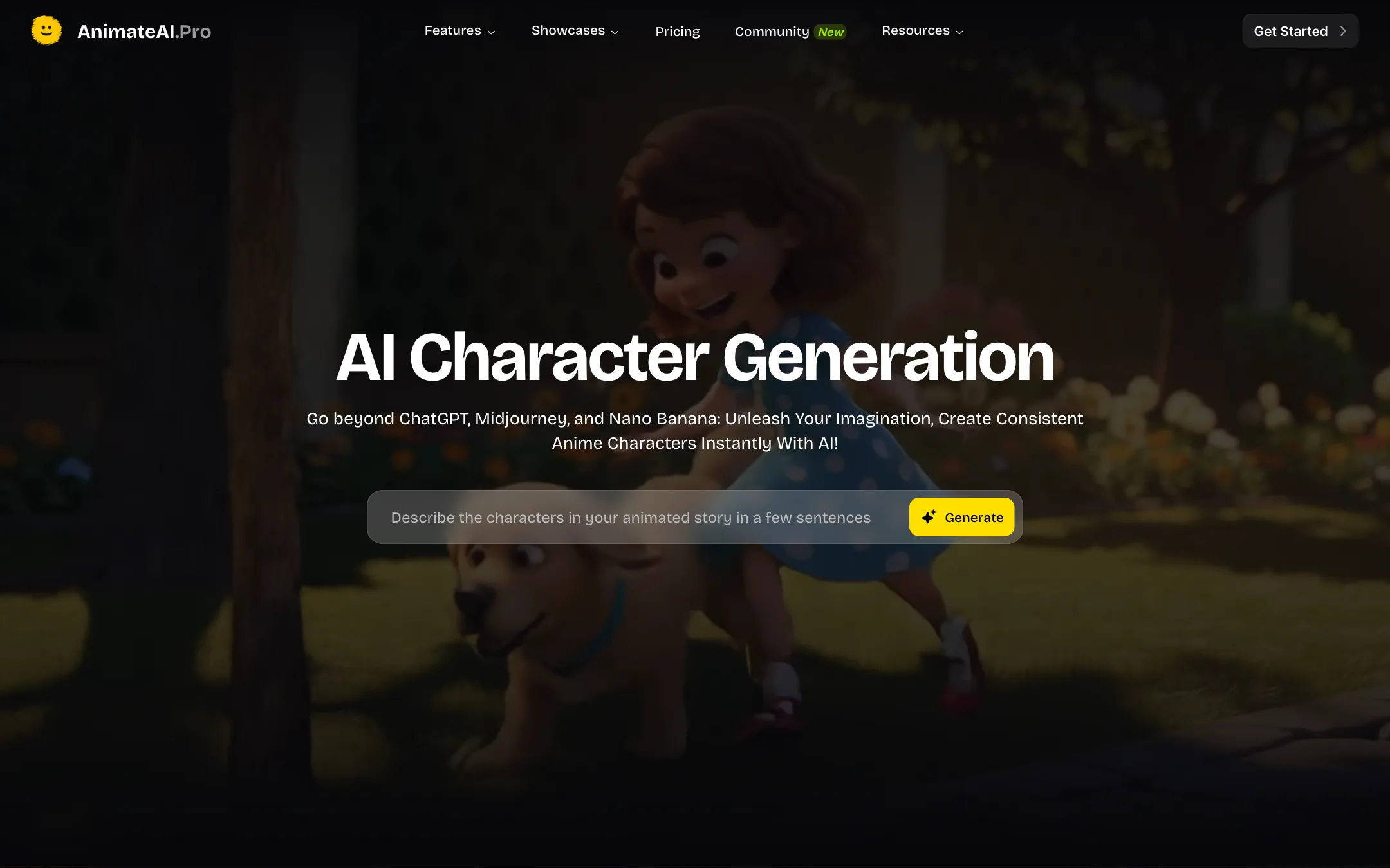 AnimateAI character generation feature page