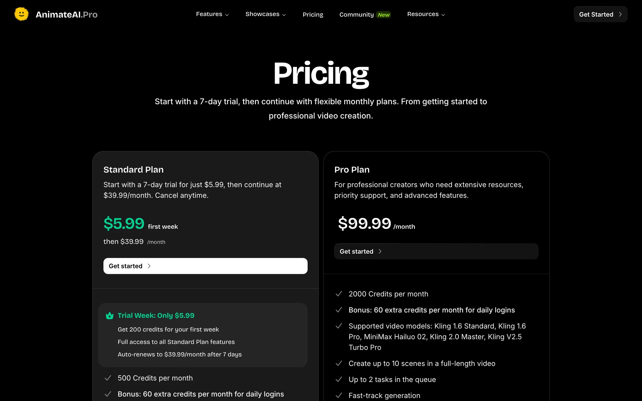 AnimateAI pricing page with the $5.99 trial, Standard and Pro plans