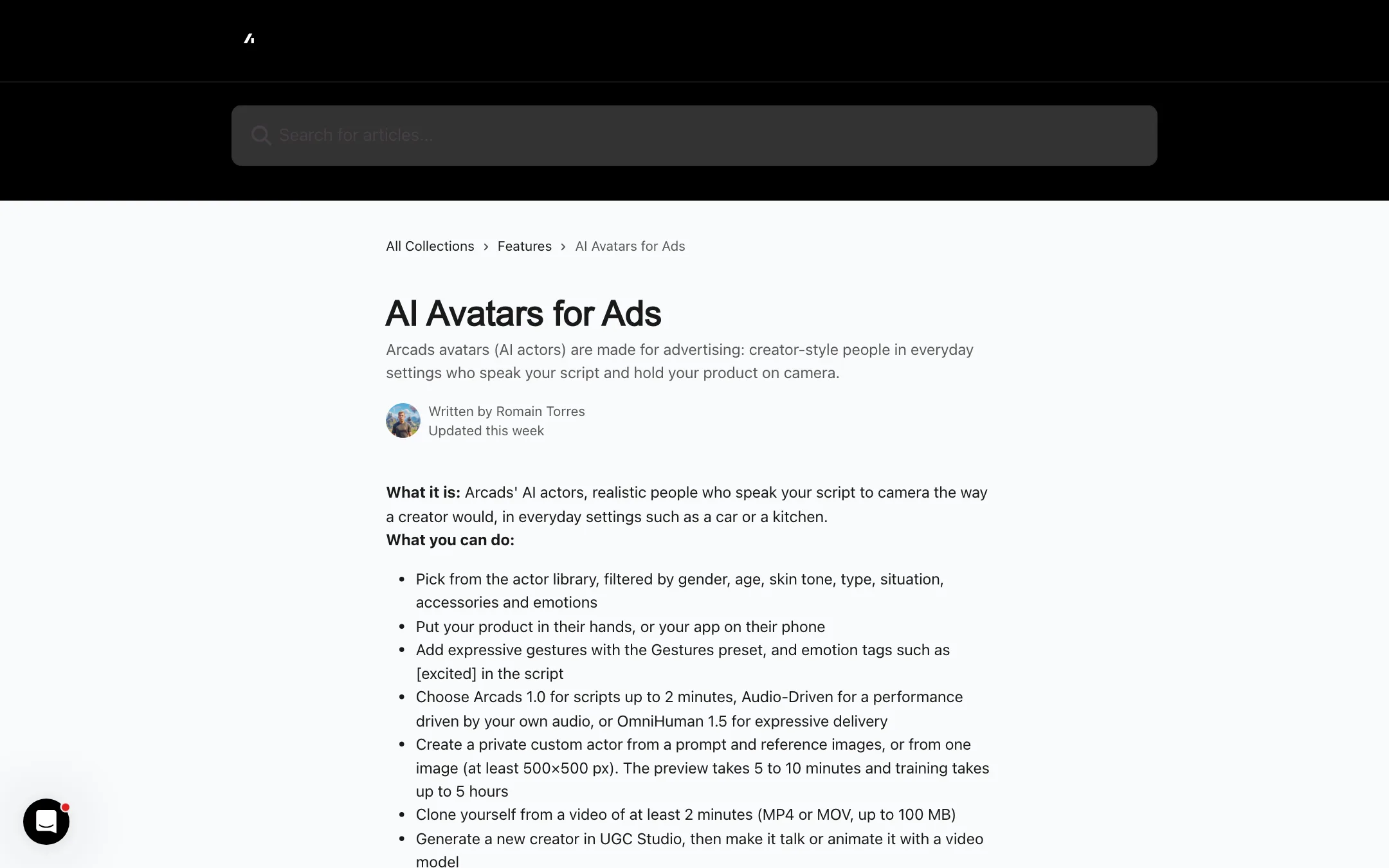 Arcads help center article: AI Avatars for Ads