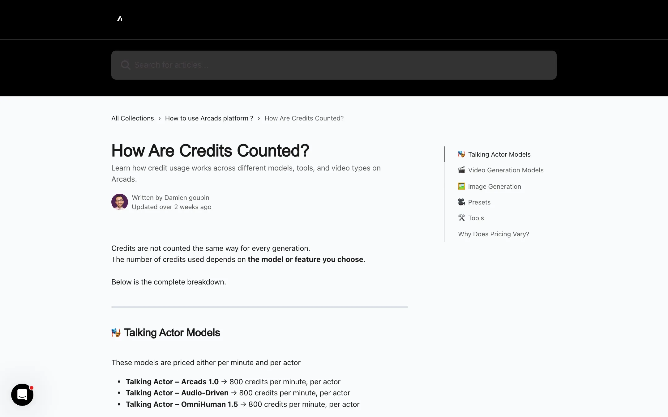 Arcads help center article listing credit costs per model and tool