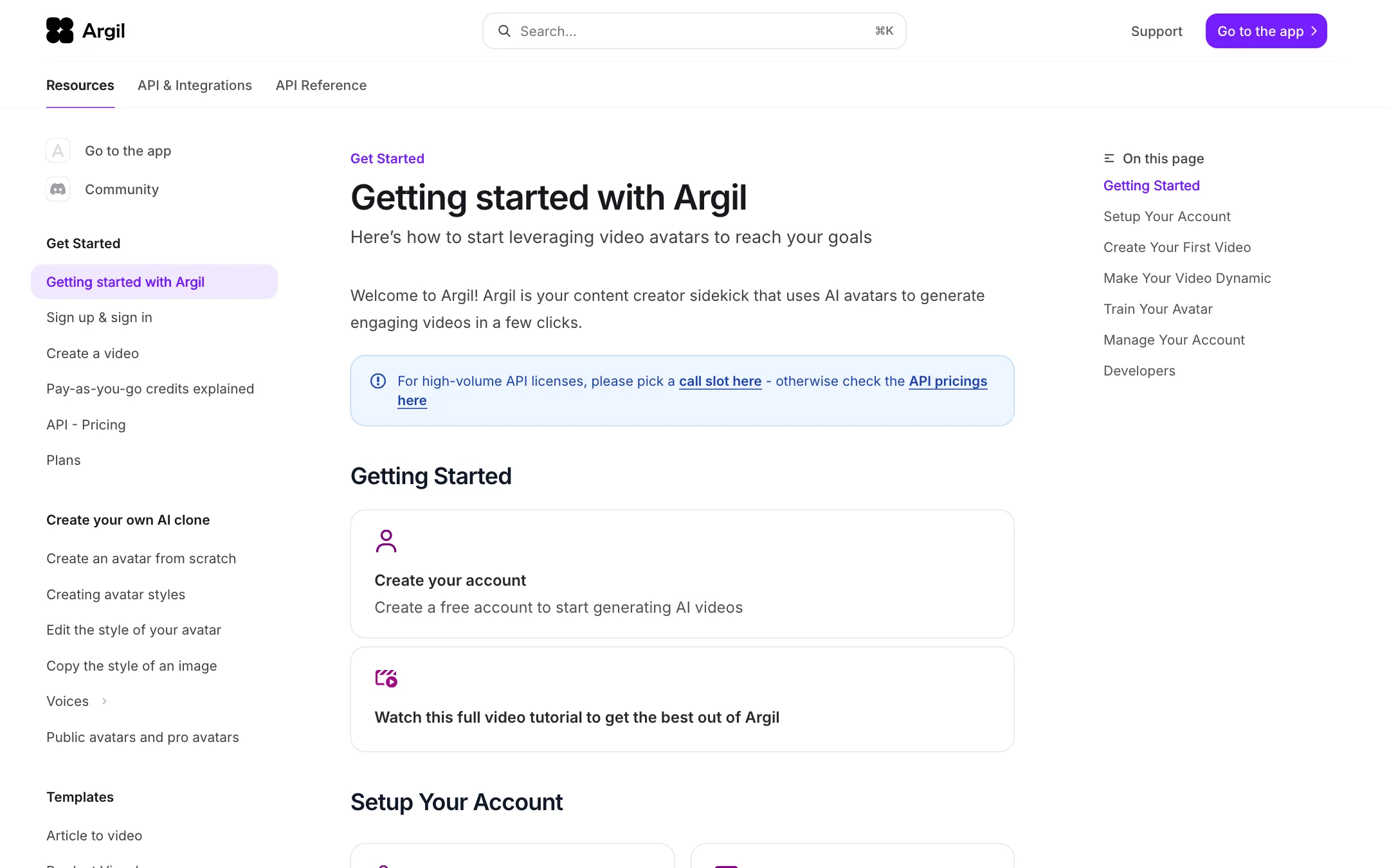 Argil help docs getting started page about AI avatars