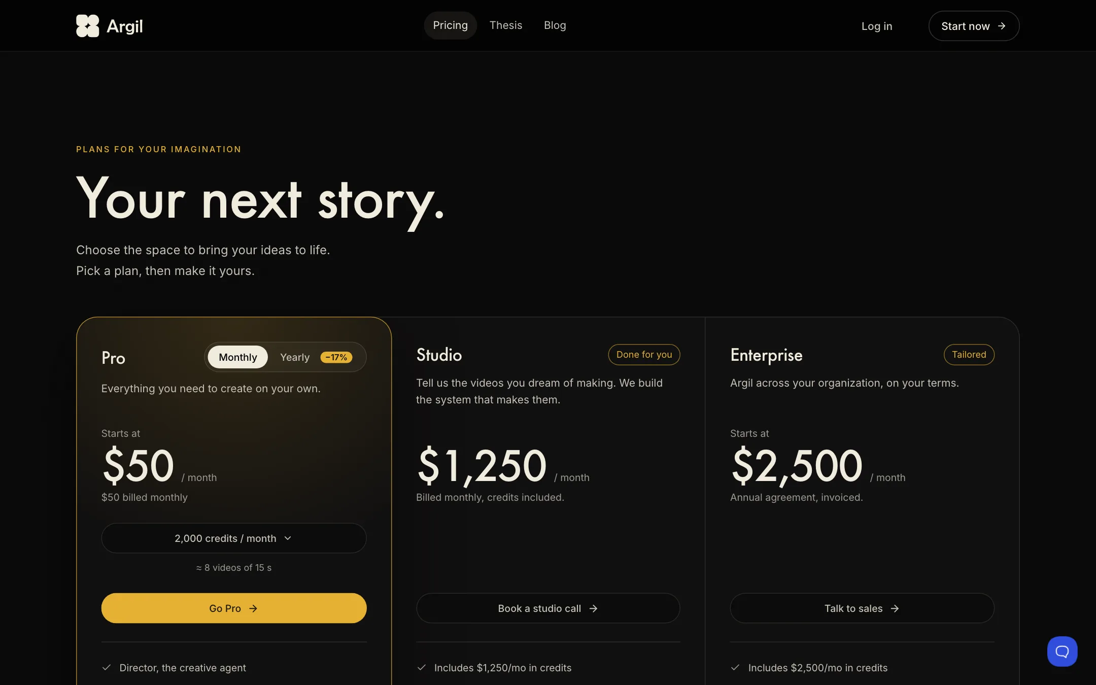 Argil pricing with Pro, Studio and Enterprise plans