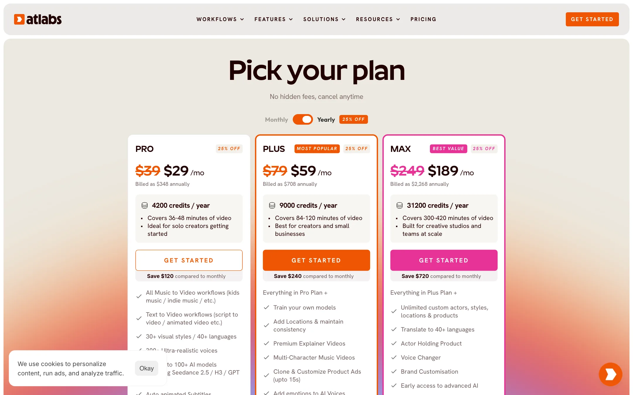 Atlabs pricing page with Pro, Plus and Max plans