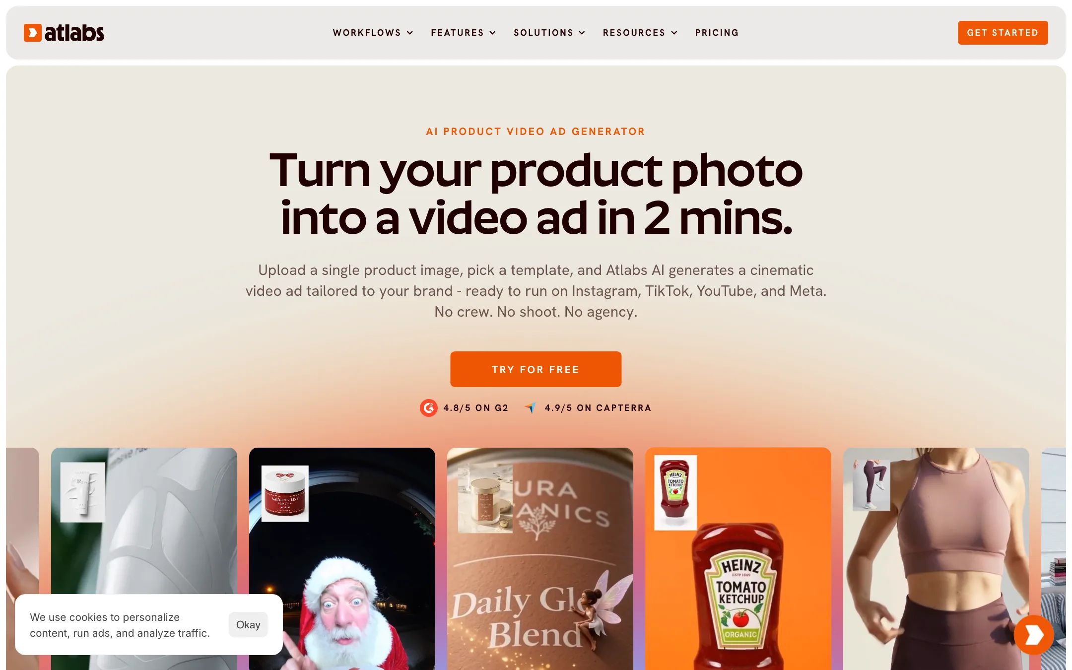Atlabs AI product video ad generator page