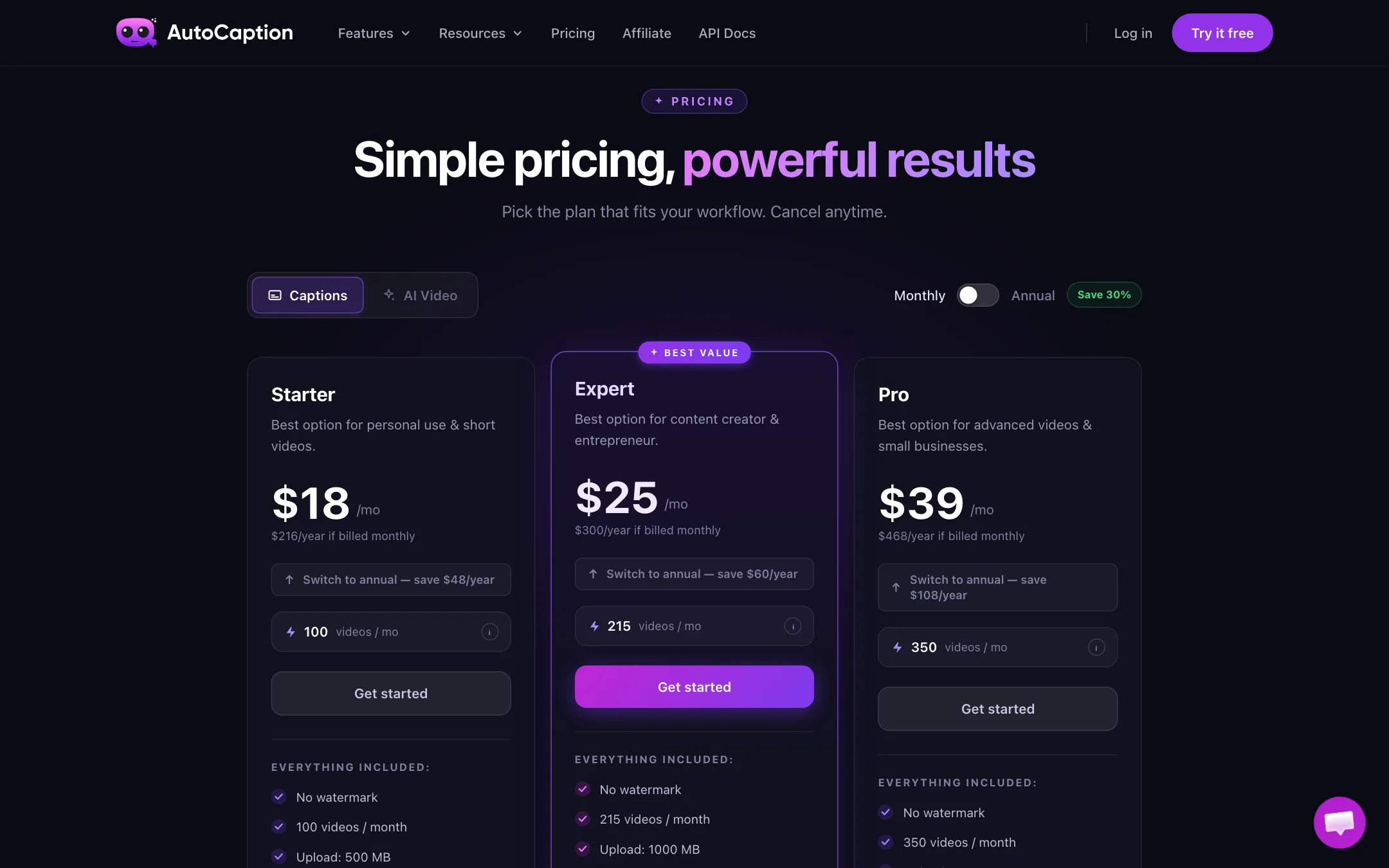 AutoCaption pricing page with Starter, Expert and Pro caption plans