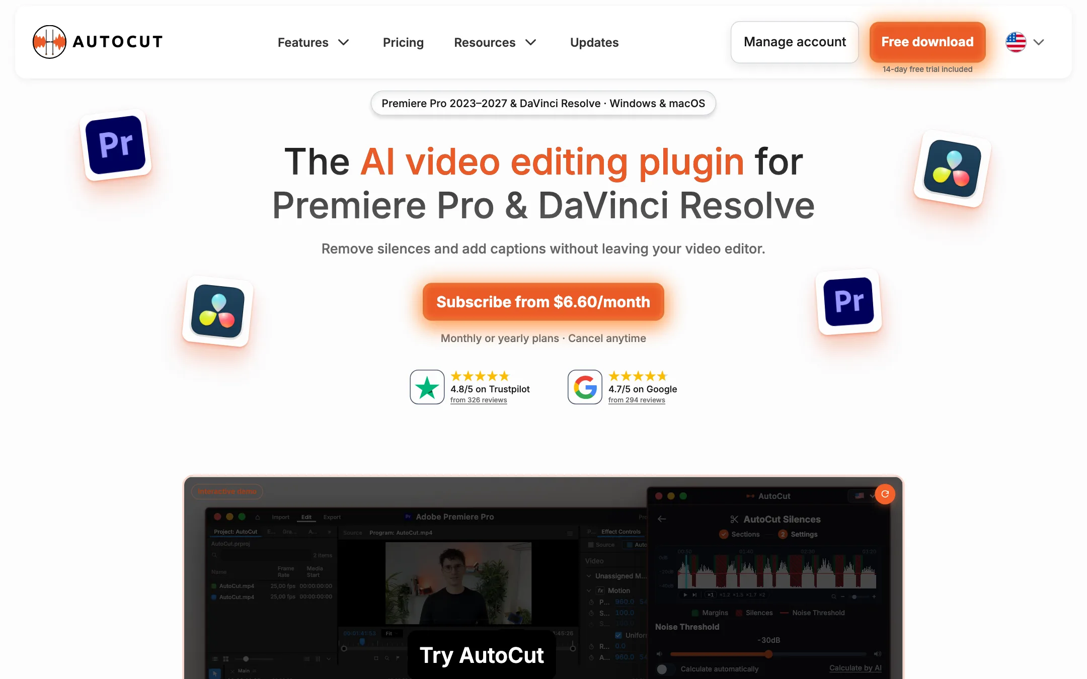 AutoCut homepage: the AI video editing plugin for Premiere Pro and DaVinci Resolve