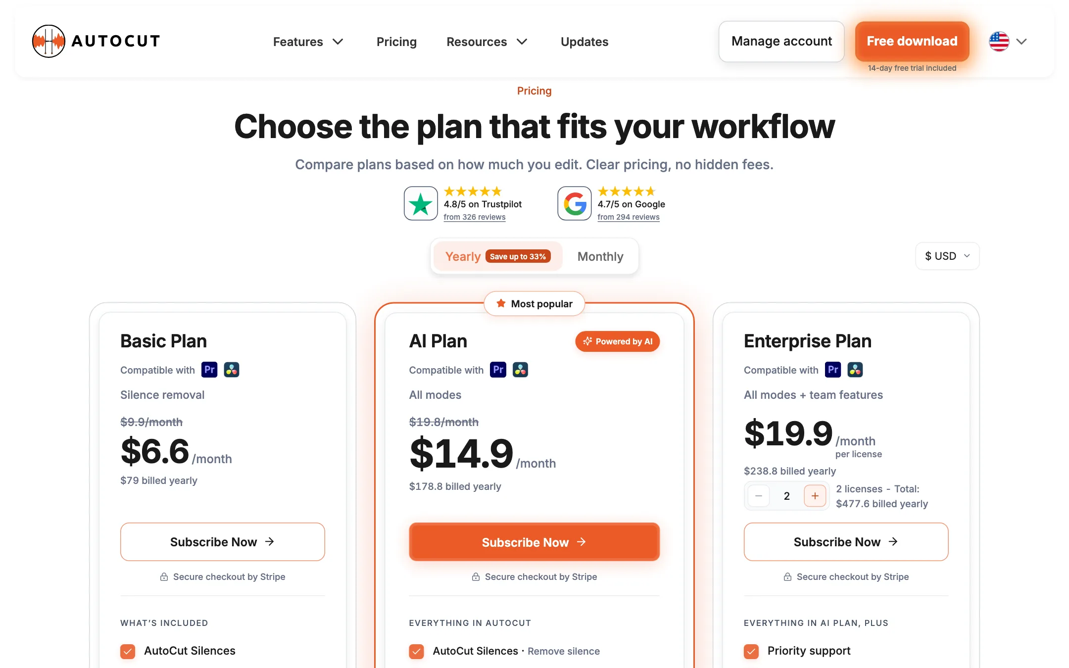 AutoCut pricing with the AI Plan, Basic Plan and Enterprise Plan