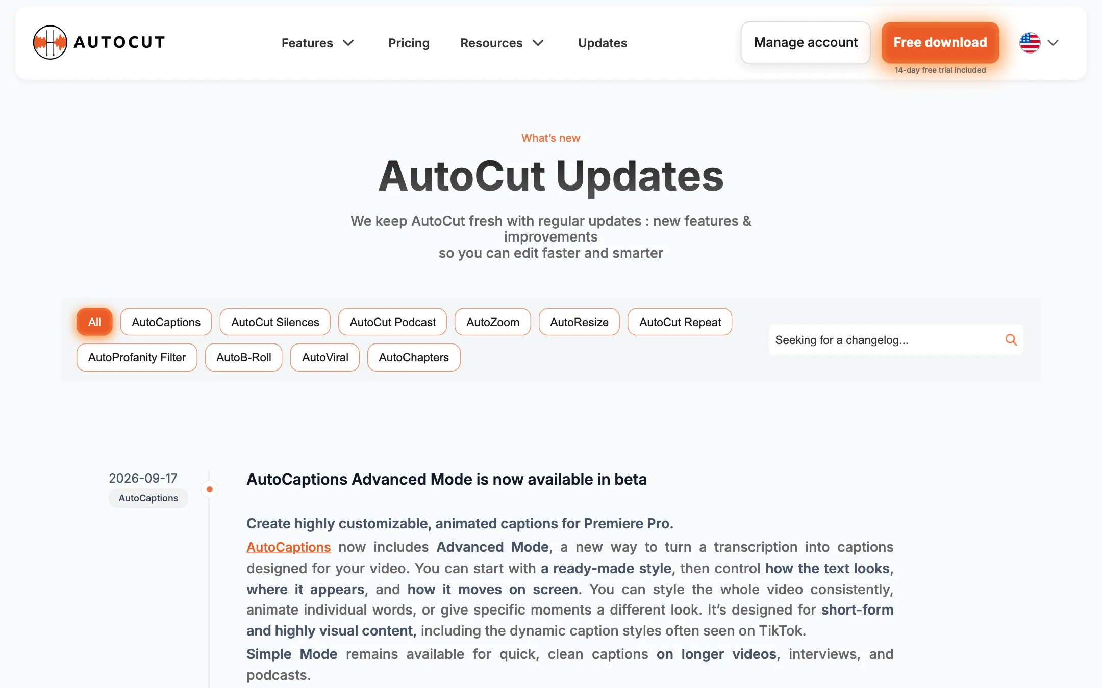 AutoCut updates page listing recent feature releases