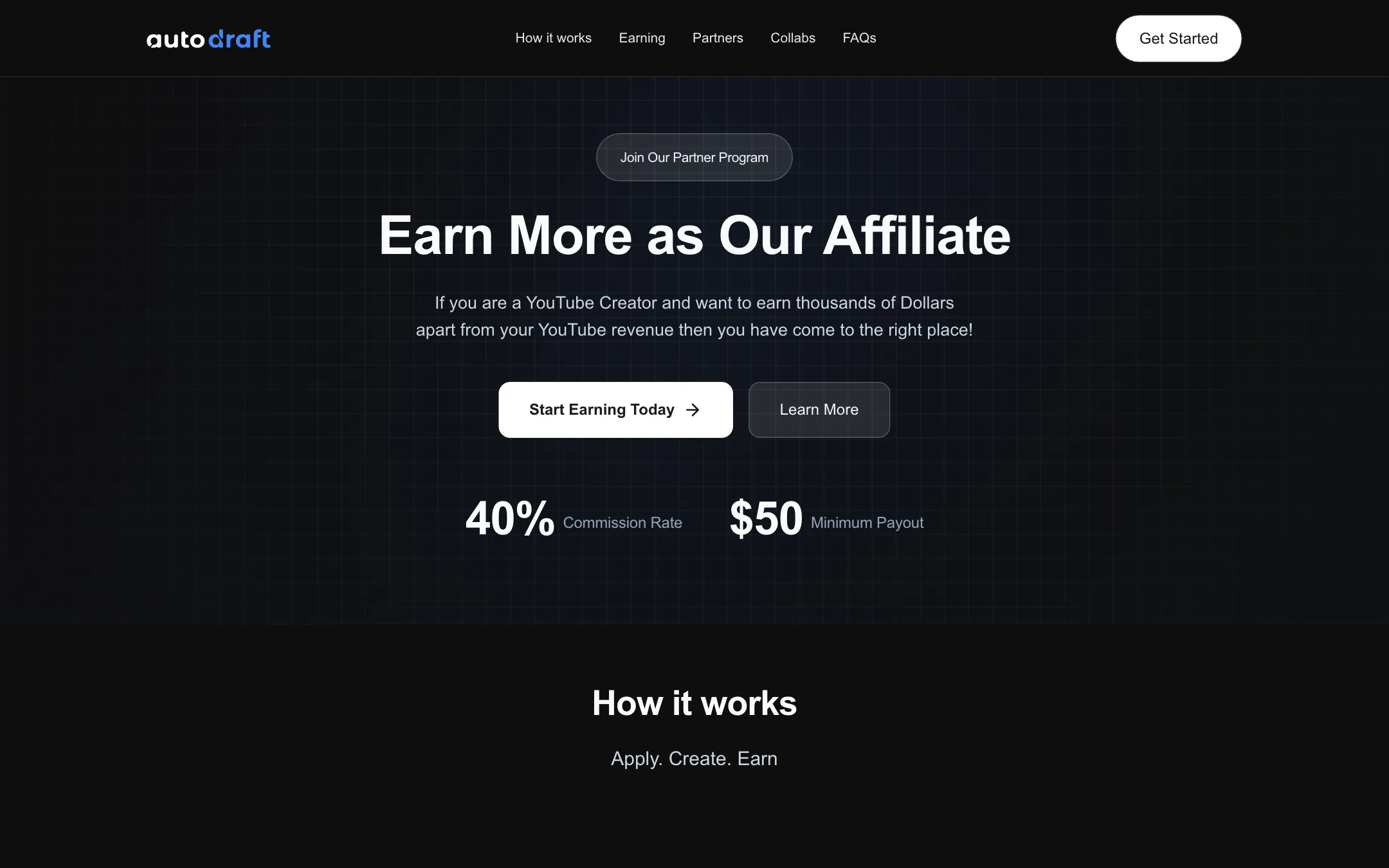 Autodraft affiliate page showing a 40% commission rate and $50 minimum payout