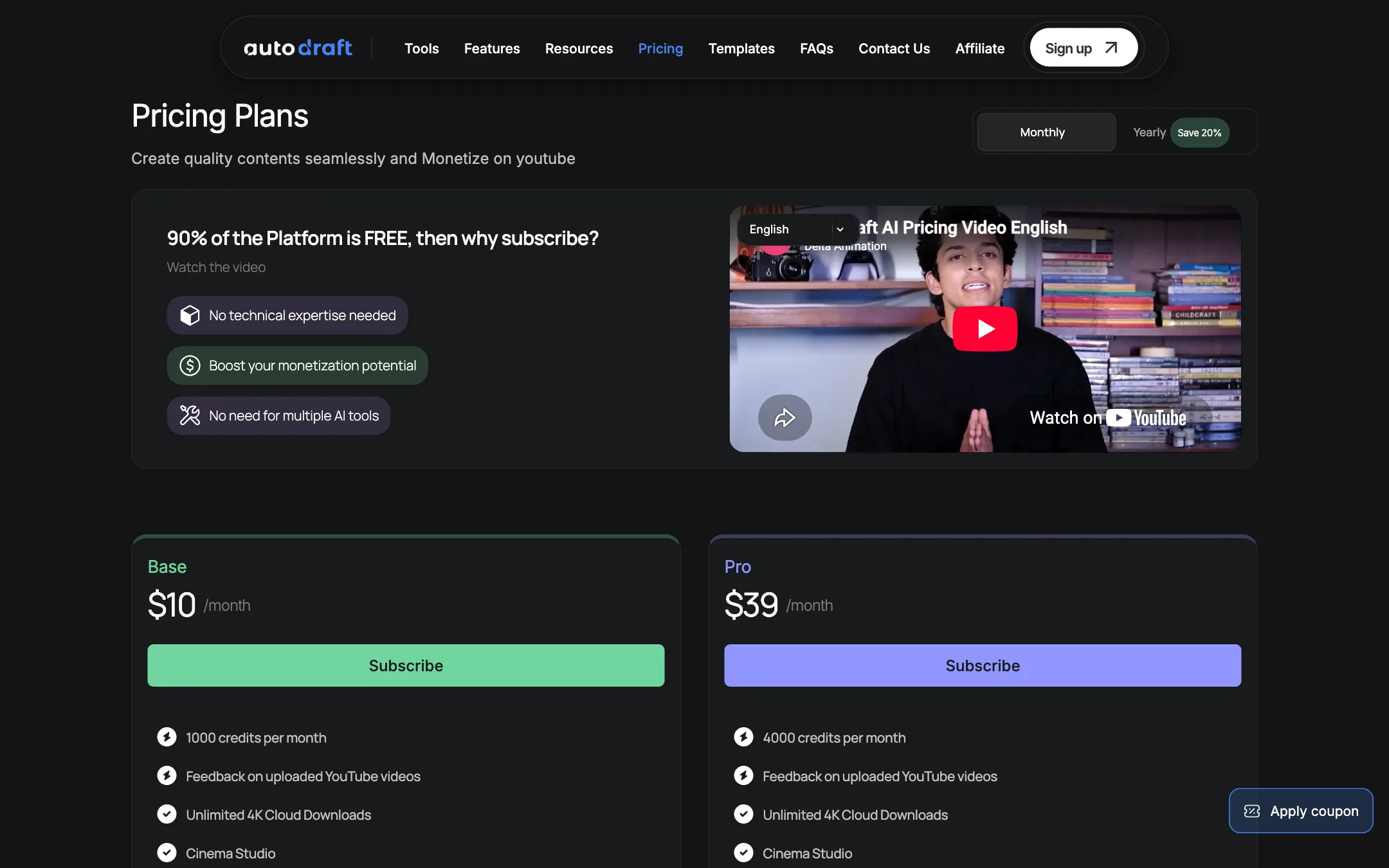 Autodraft pricing page with Base at $10 a month and Pro at $39 a month