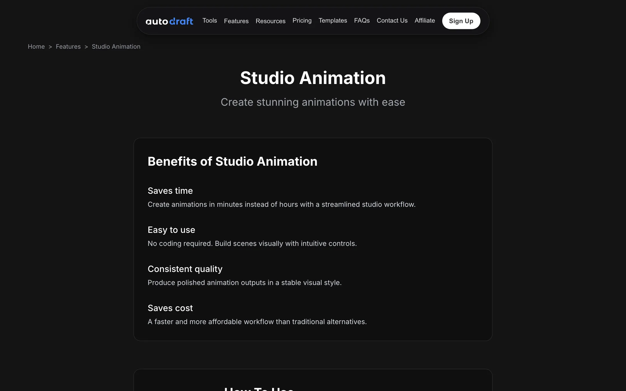 Autodraft Studio Animation feature page listing its benefits