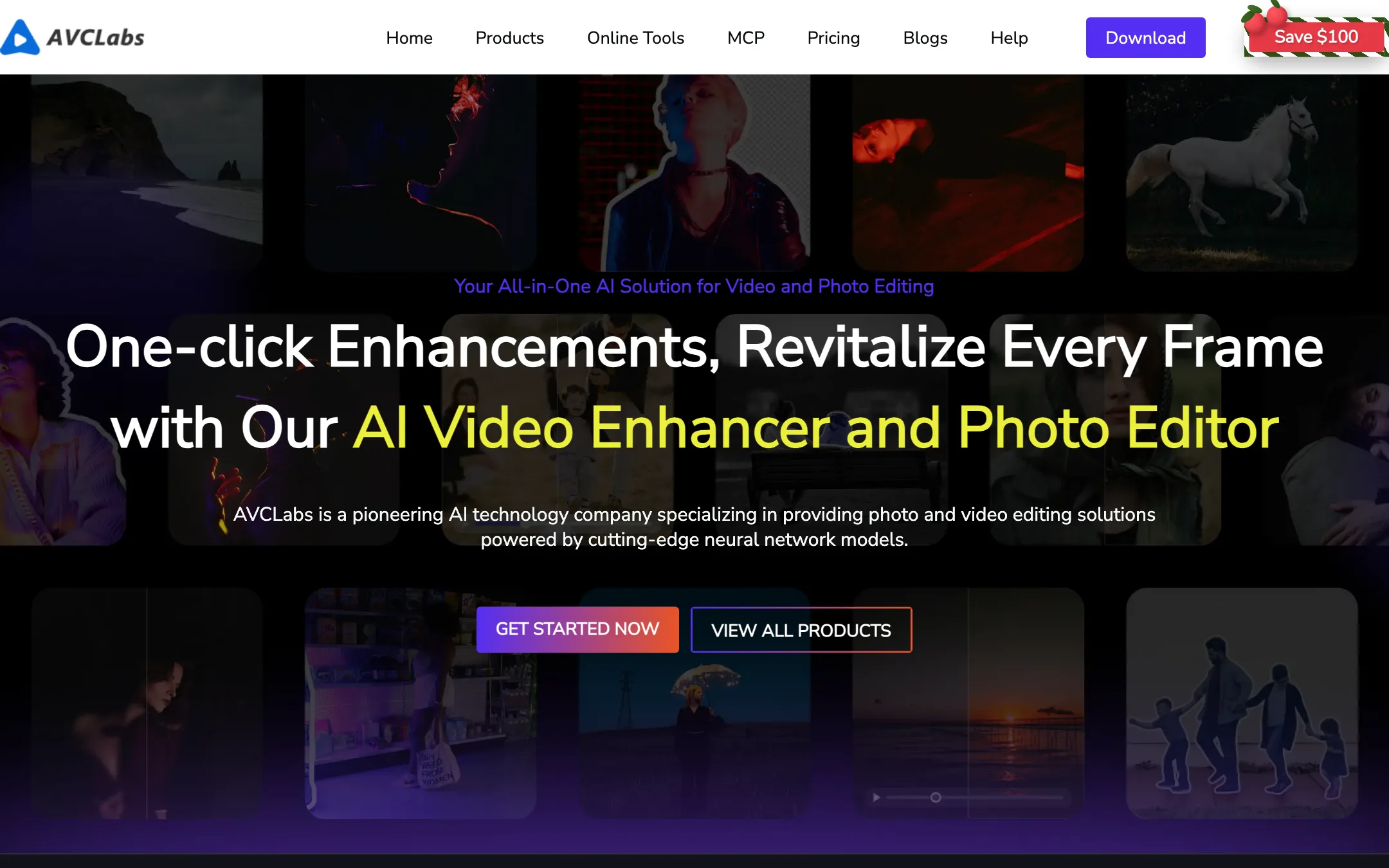 AVCLabs homepage introducing its AI video and photo editing lineup