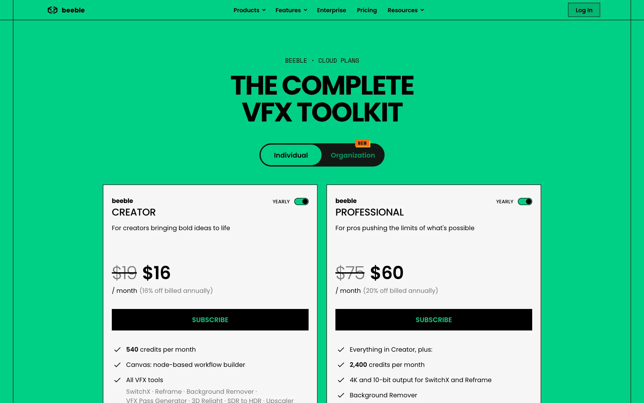 Beeble Cloud pricing with Creator at $16 and Professional at $60 a month billed yearly