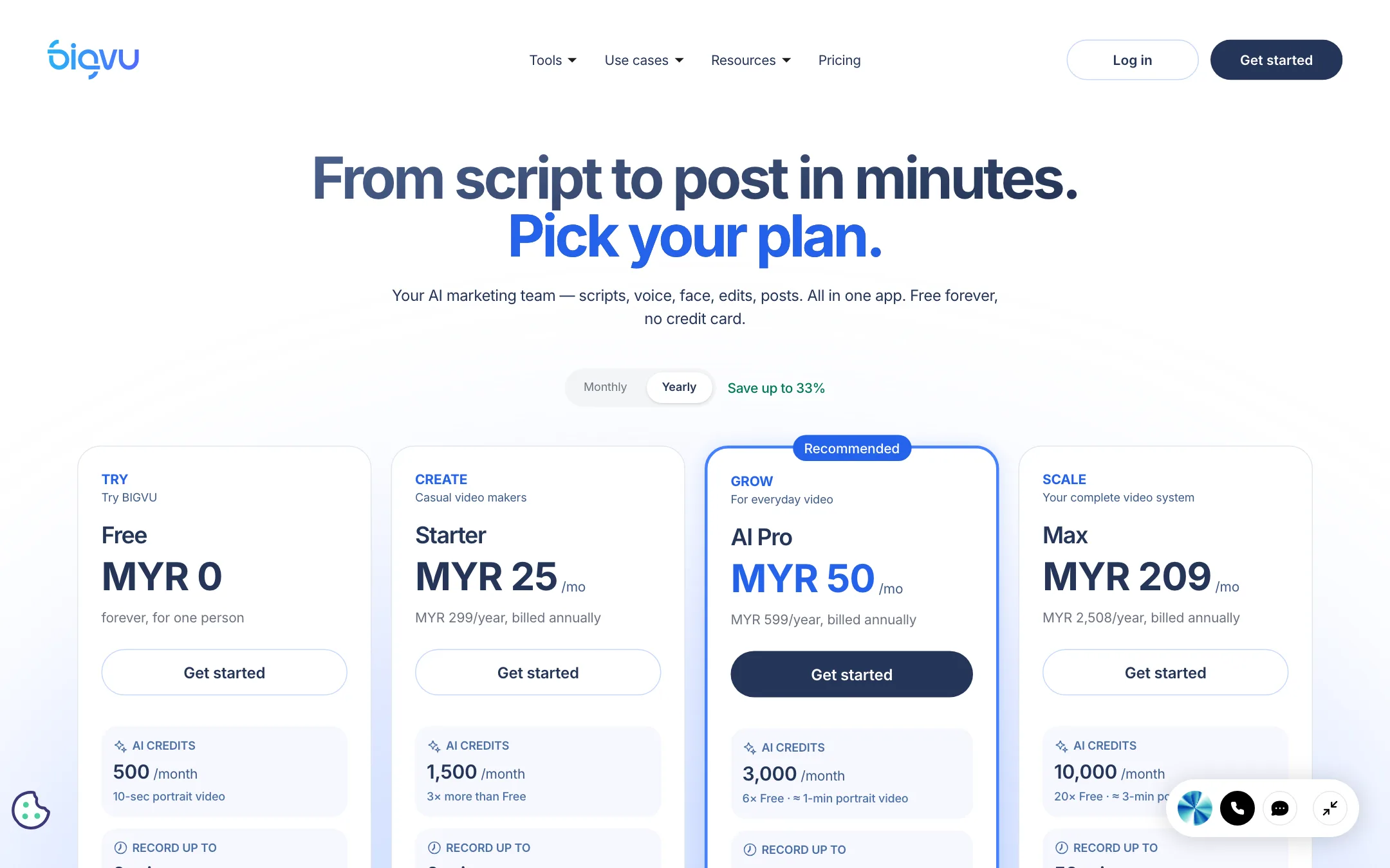BIGVU pricing page in Malaysian ringgit showing Free, Starter, AI Pro and Max plans on yearly billing