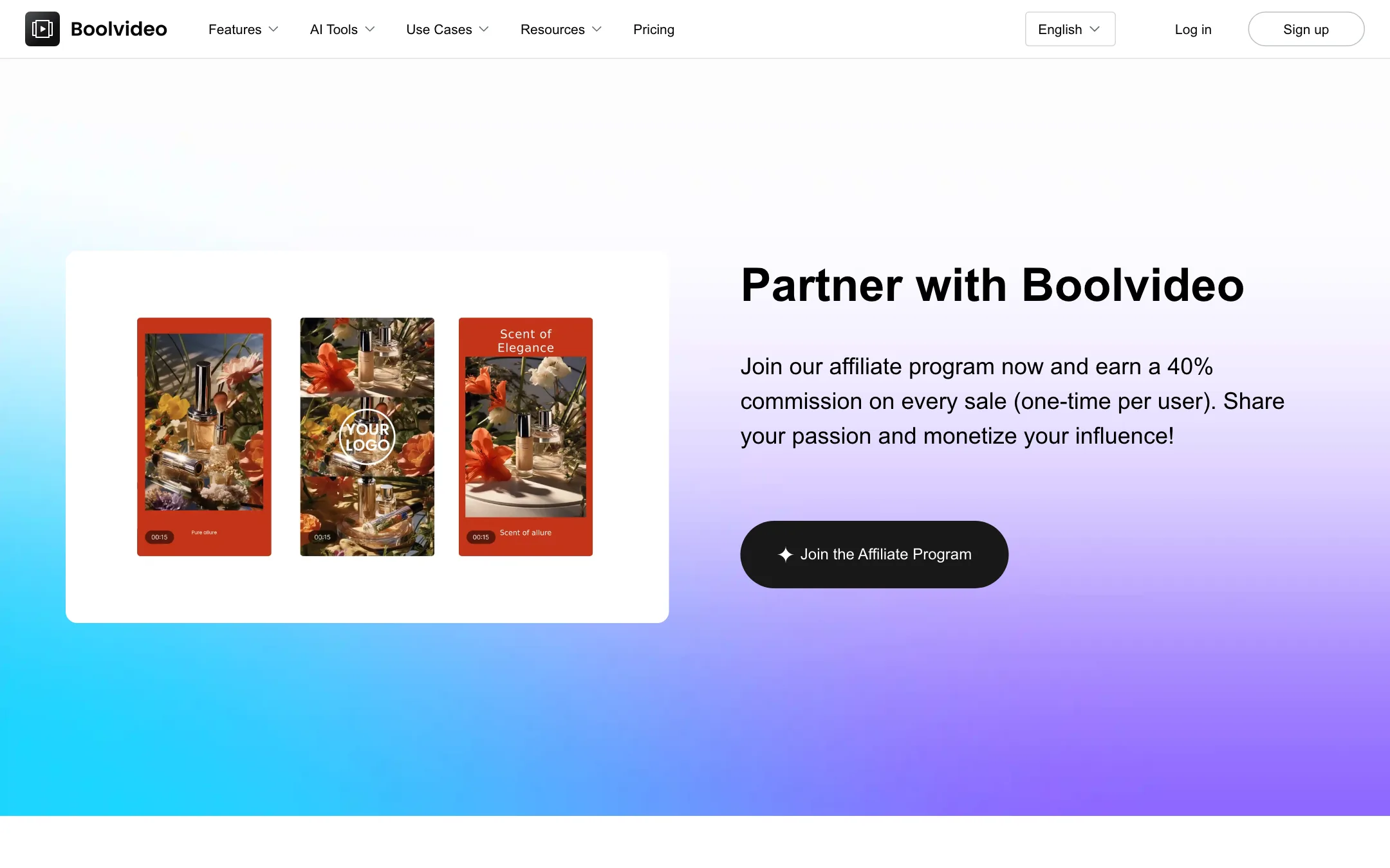 Boolvideo affiliate program page offering 40% commission