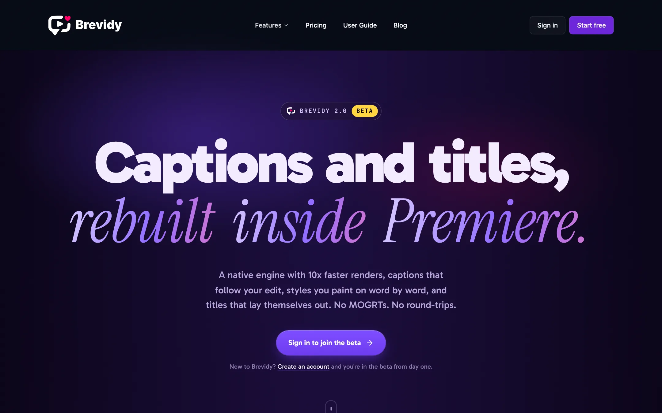 Brevidy 2.0 beta page: captions and titles rebuilt inside Premiere