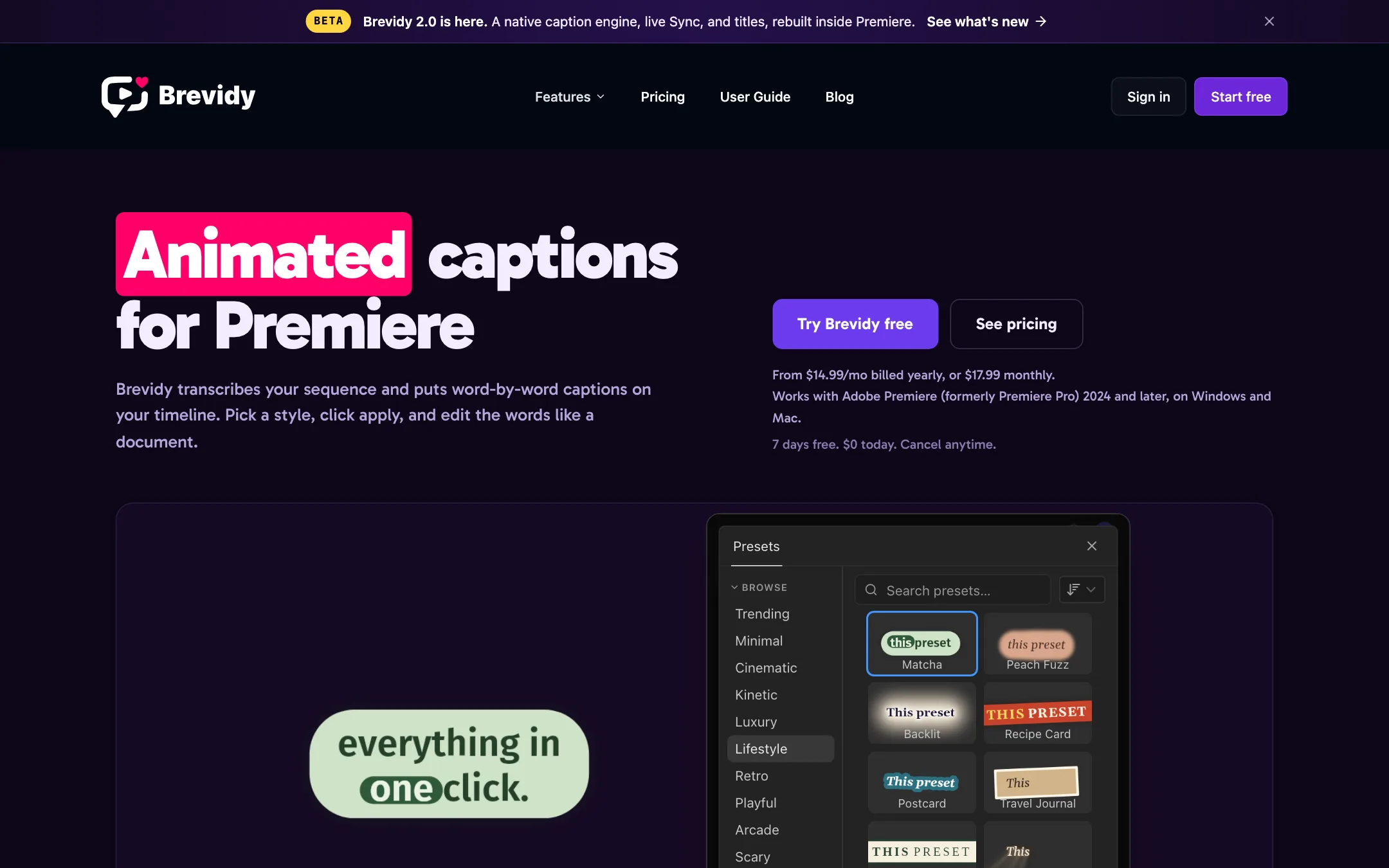Brevidy animated captions page with the preset library open