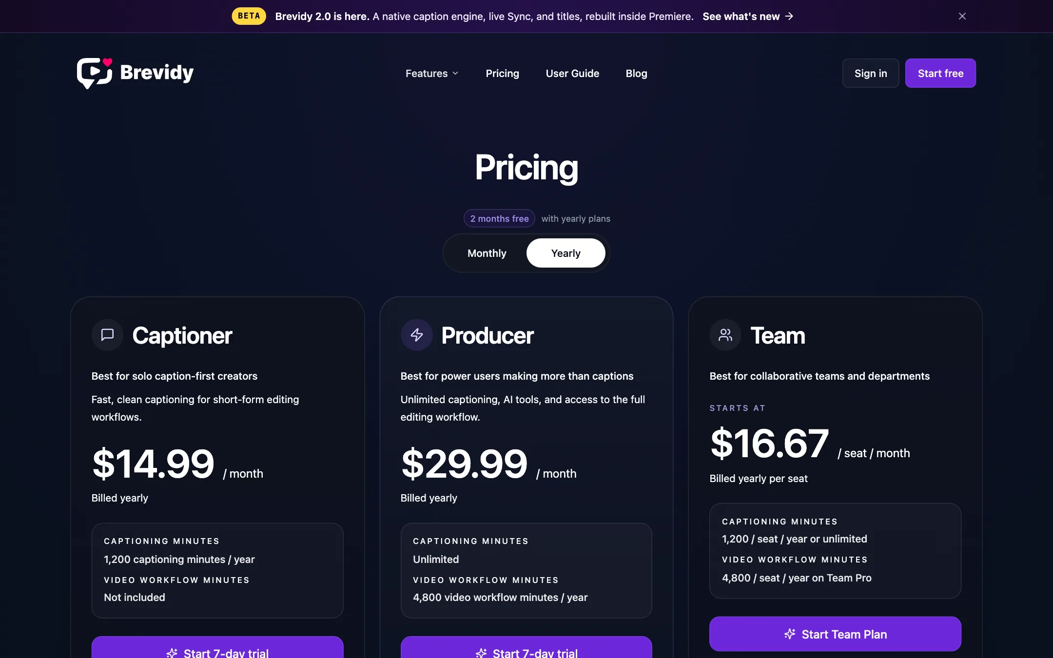 Brevidy pricing with Captioner, Producer and Team plans on yearly billing