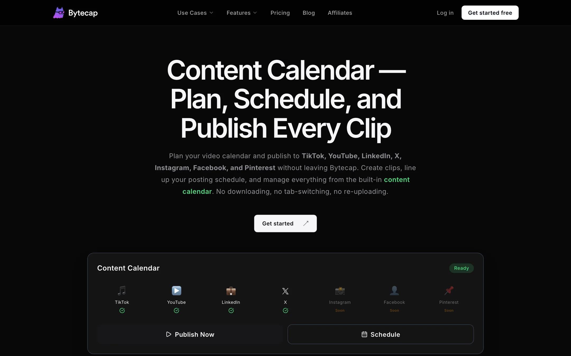Bytecap content calendar with TikTok, YouTube, LinkedIn and X ready and Instagram, Facebook and Pinterest marked Soon
