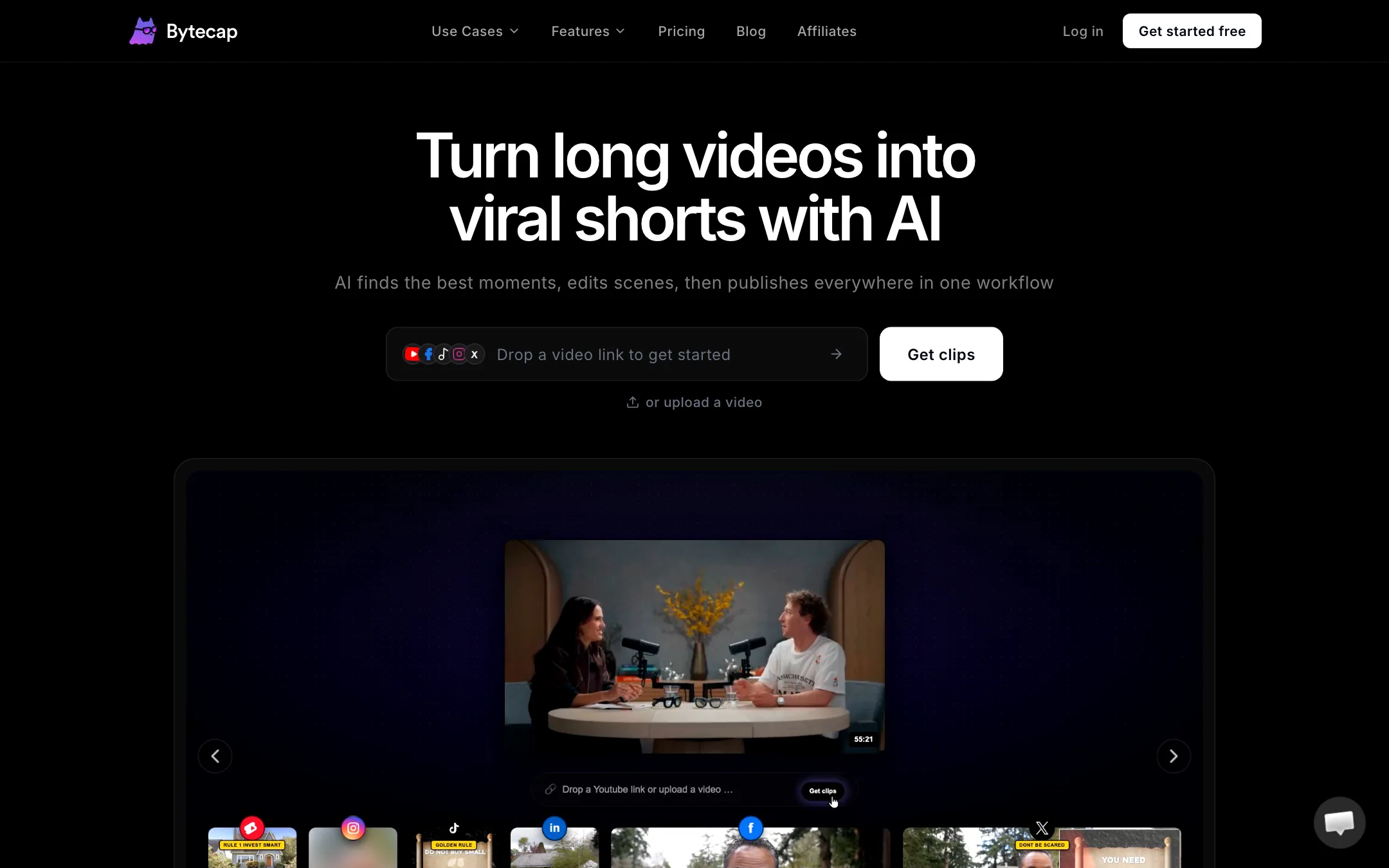 Bytecap homepage with a link box to turn long videos into viral shorts