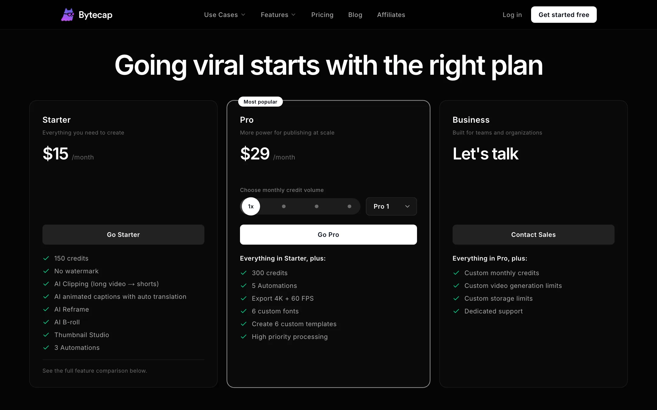 Bytecap pricing with Starter at $15, Pro at $29 and Business on request
