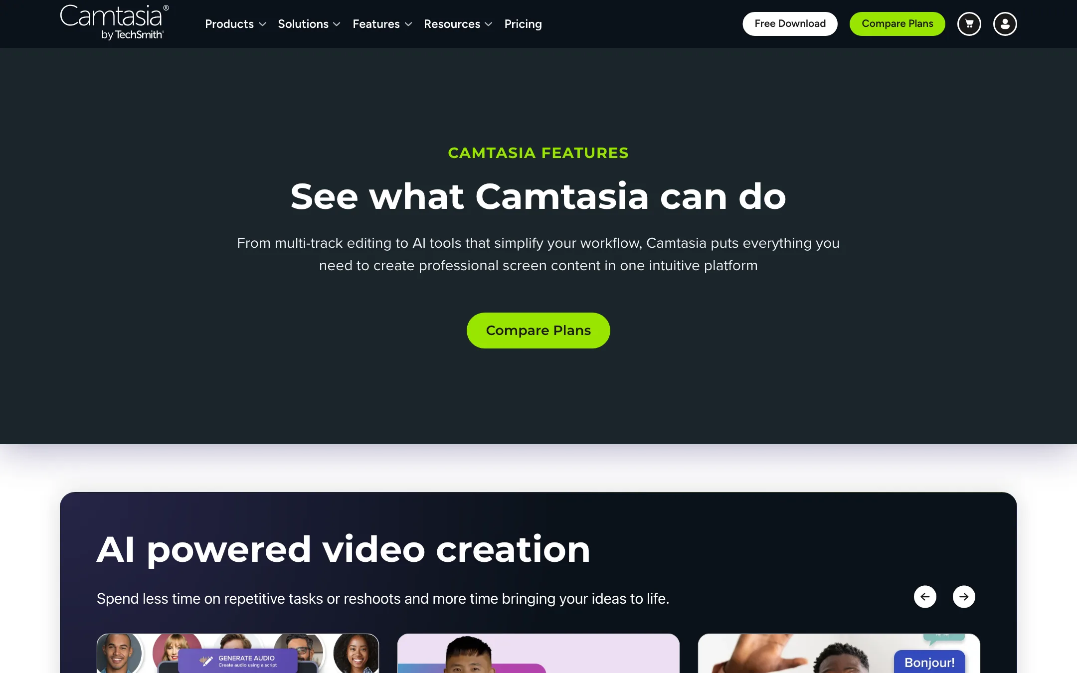 Camtasia features page opening with AI powered video creation