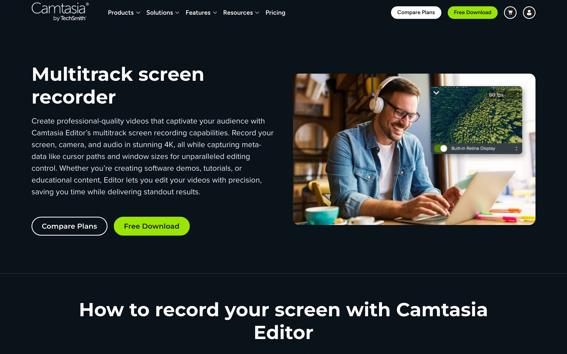 Camtasia multitrack screen recorder page with 60 fps recording settings