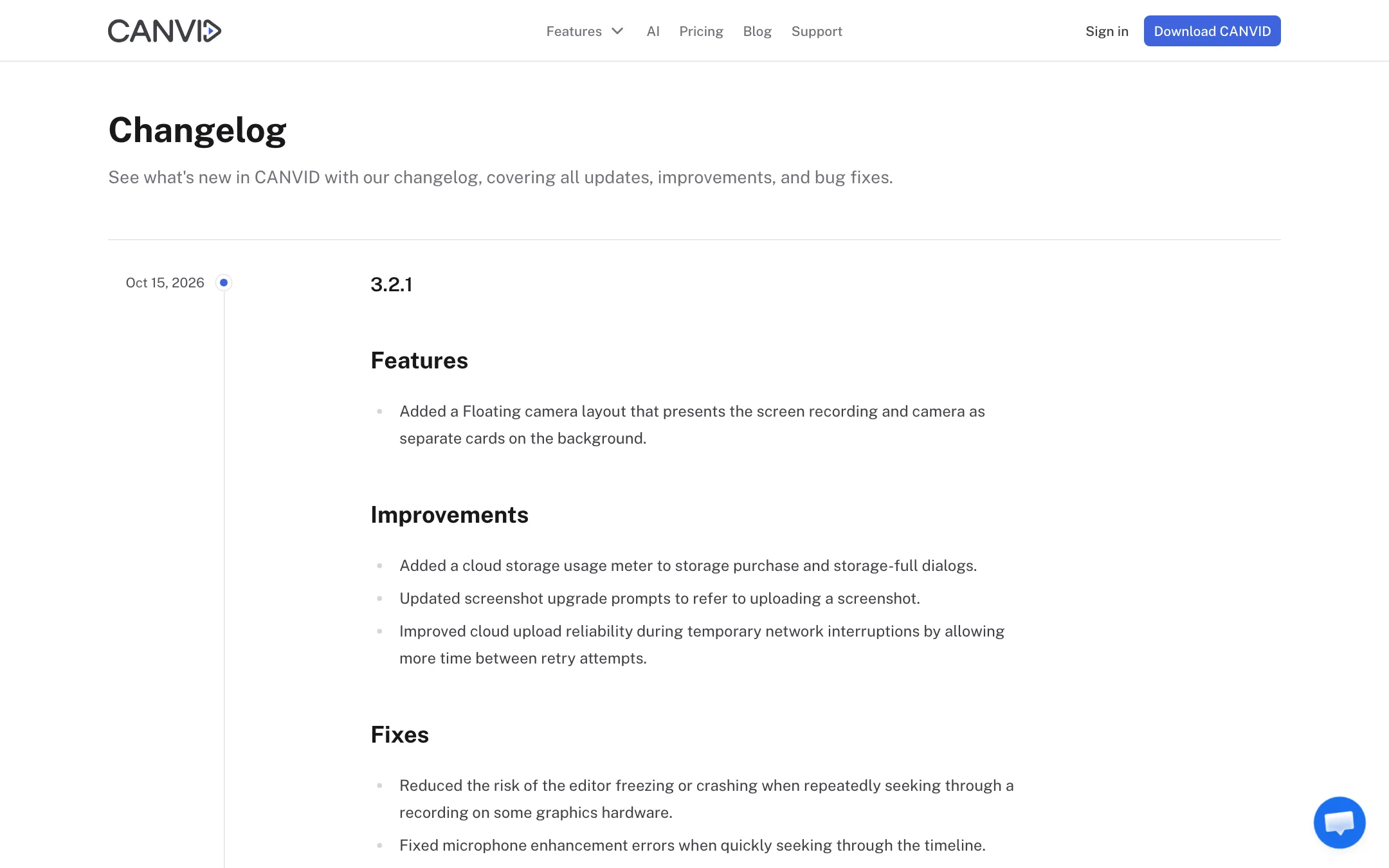 CANVID changelog showing version 3.2.1 from October 2026