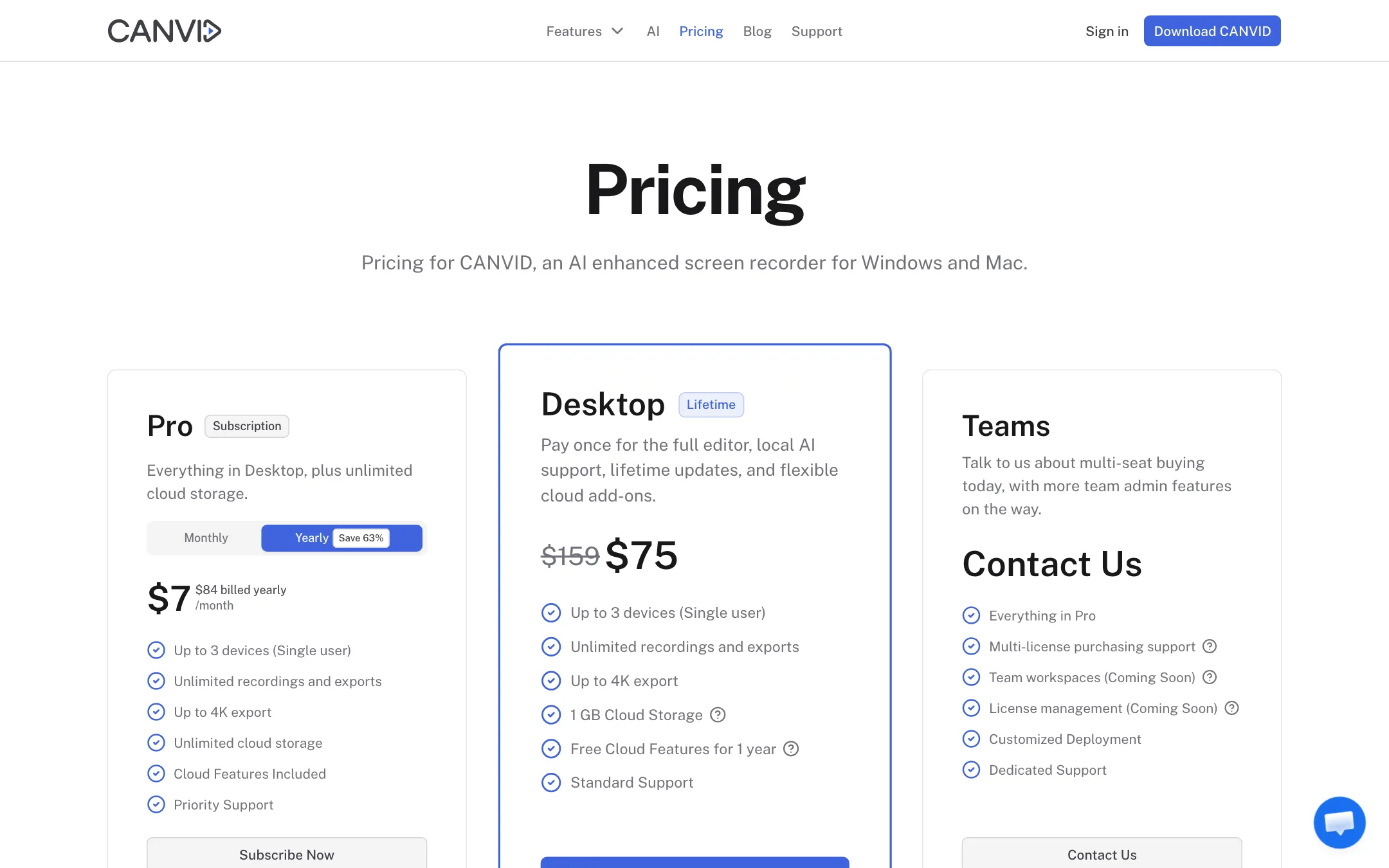 CANVID pricing with Pro subscription, Desktop lifetime licence and Teams