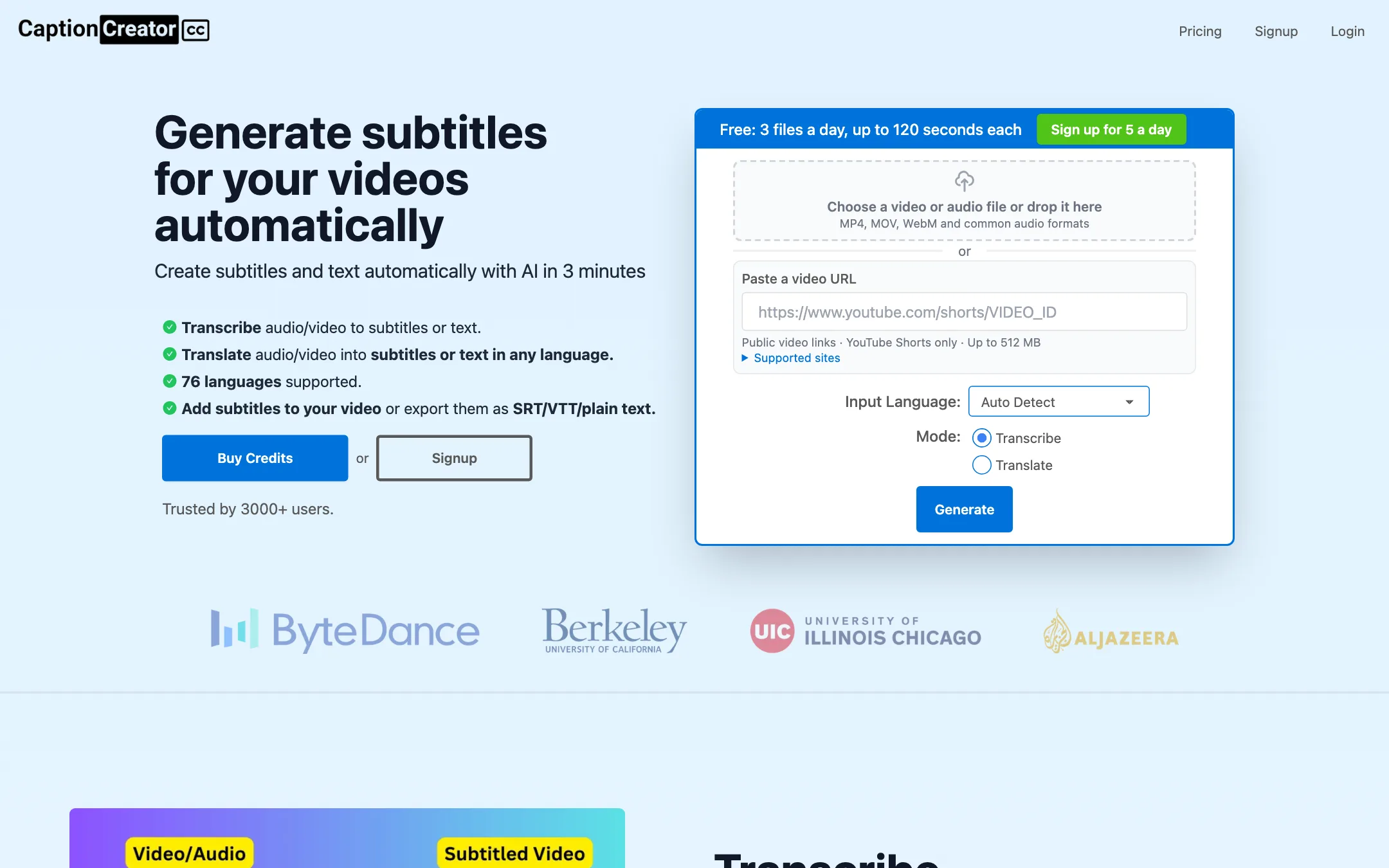 CaptionCreator homepage with the upload box and language picker