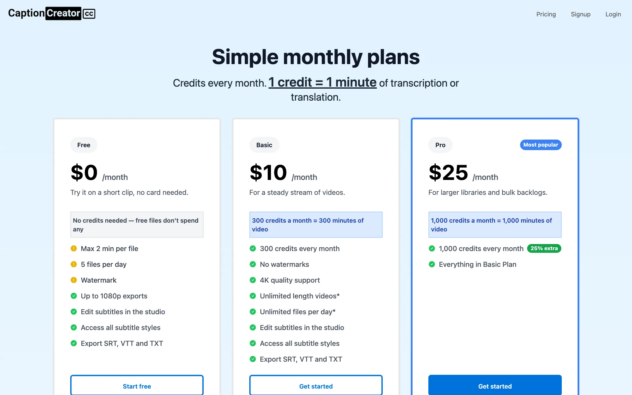 CaptionCreator pricing with Free, Basic and Pro plans