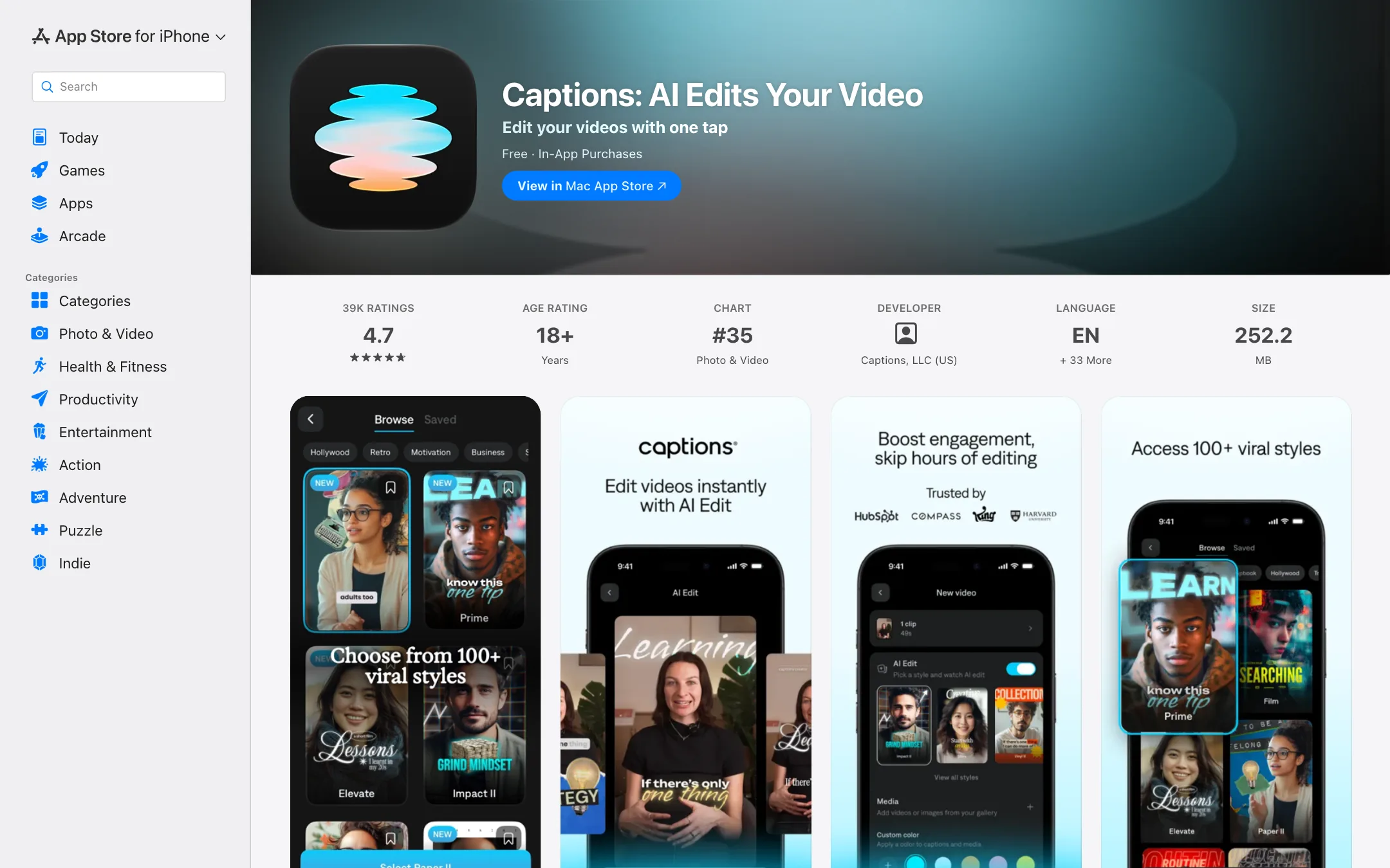Captions: AI Edits Your Video on the App Store, rated 4.7 from 39K ratings