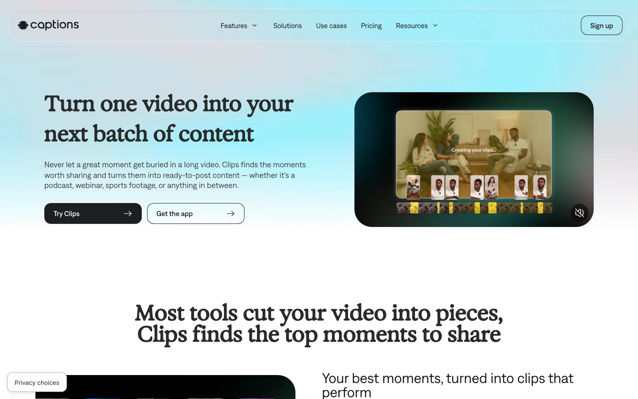 Captions Clips feature page: Turn one video into your next batch of content