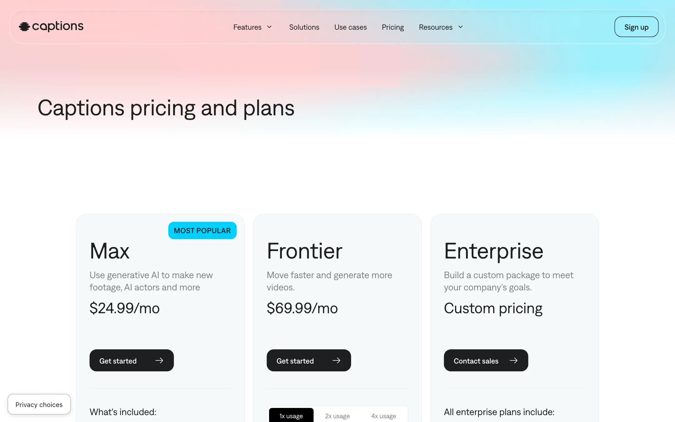 Captions pricing page with Max, Frontier and Enterprise plans