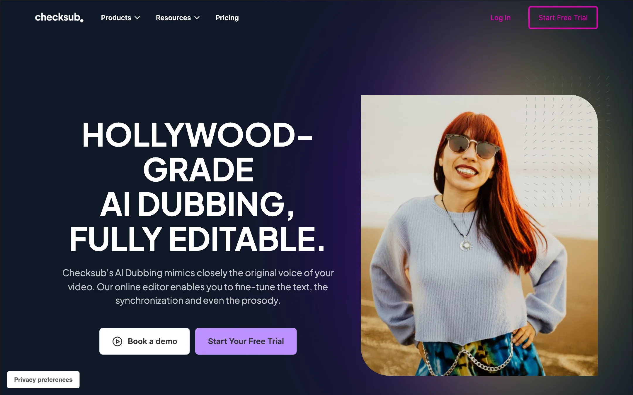 Checksub AI dubbing page headline: Hollywood-grade AI dubbing, fully editable