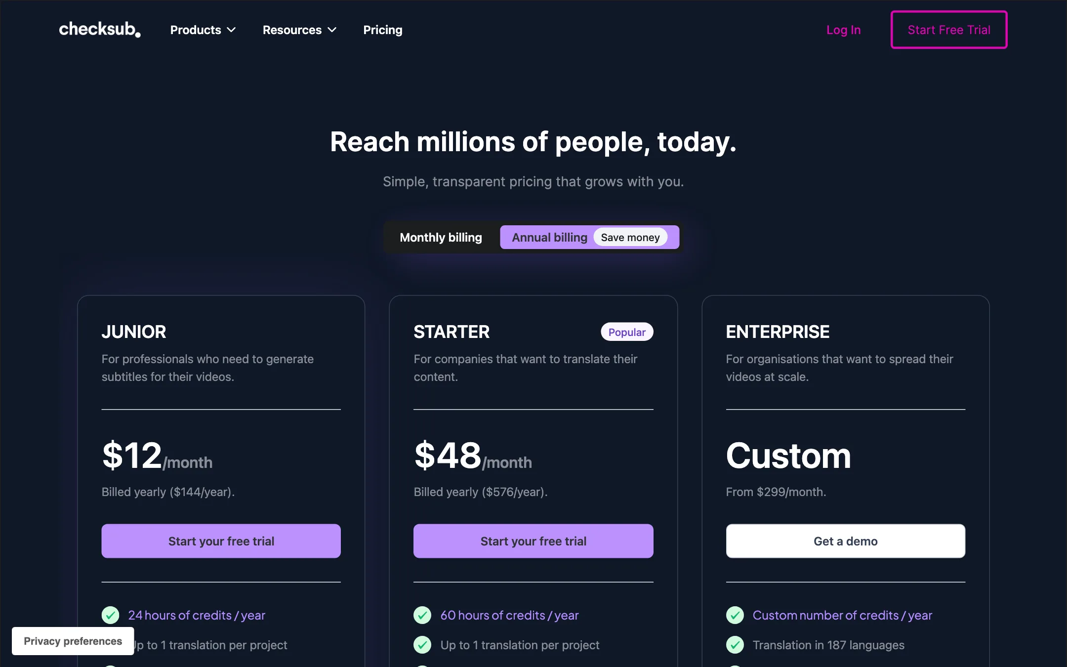 Checksub pricing page with Junior, Starter and Enterprise plans