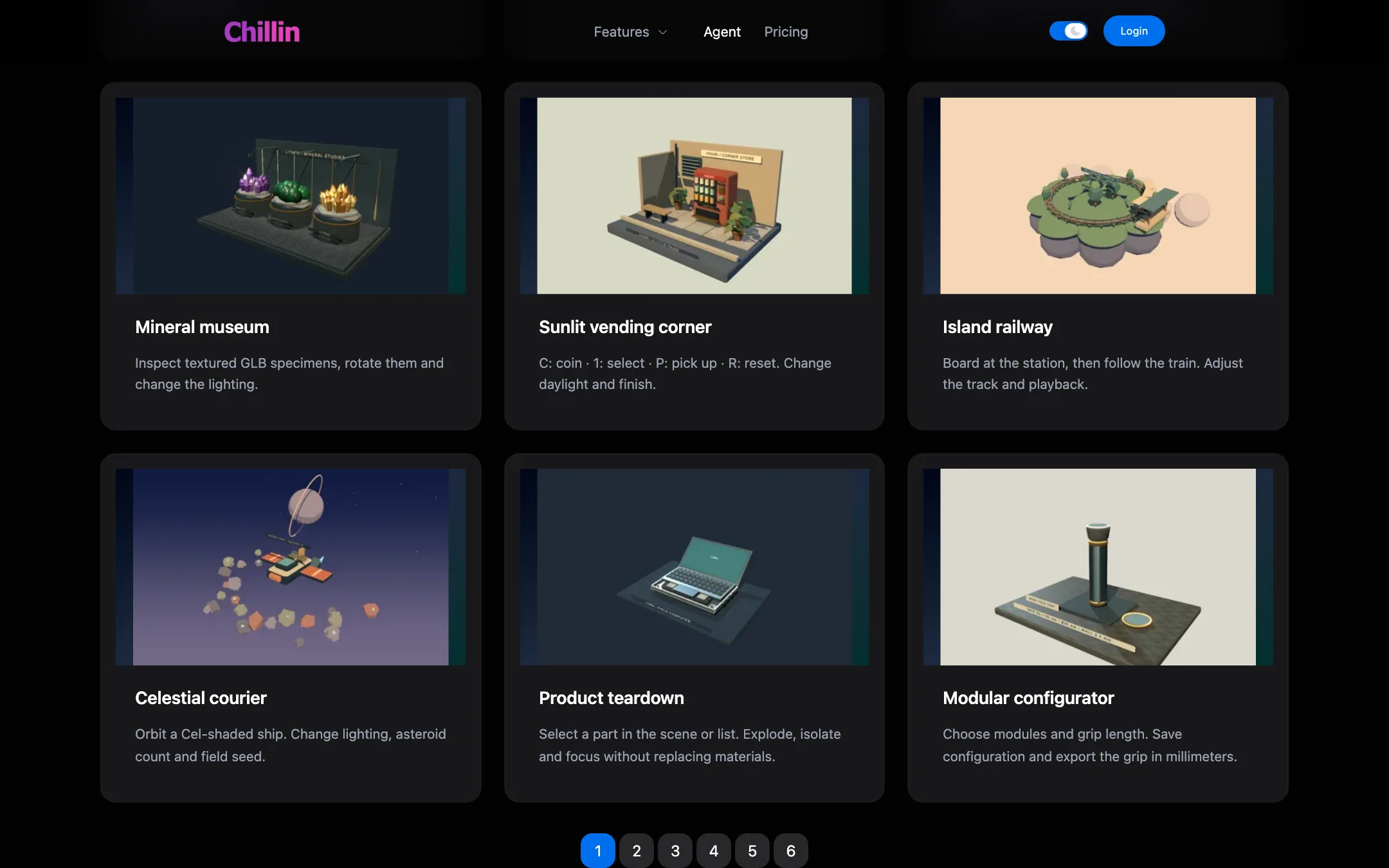 Chillin Agent showcase grid with interactive 3D scenes such as Mineral museum and Island railway